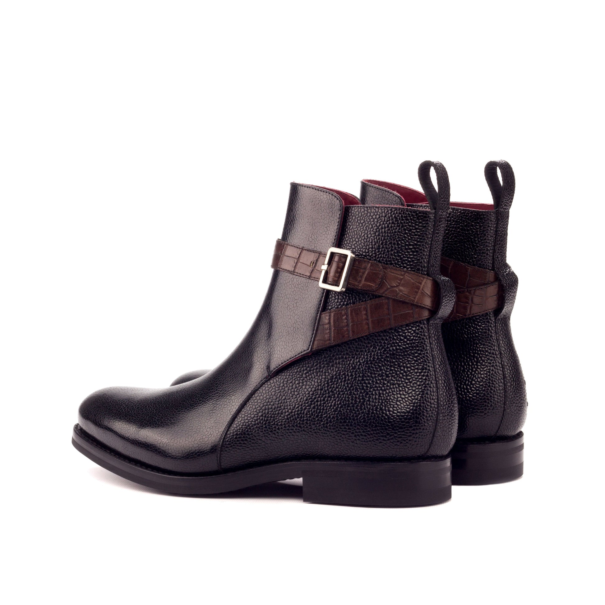 Jodhpur Boot in Black Painted Pebble-Grain Box Calf and Dark Brown Painted Croco-Embossed Box Calf, rear three-quarter view