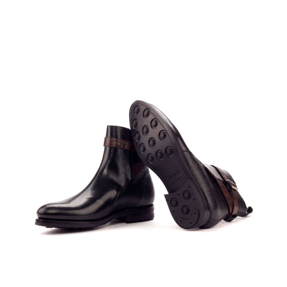Jodhpur Boot in Black Painted Pebble-Grain Box Calf and Dark Brown Painted Croco-Embossed Box Calf showing black dainite rubber sole