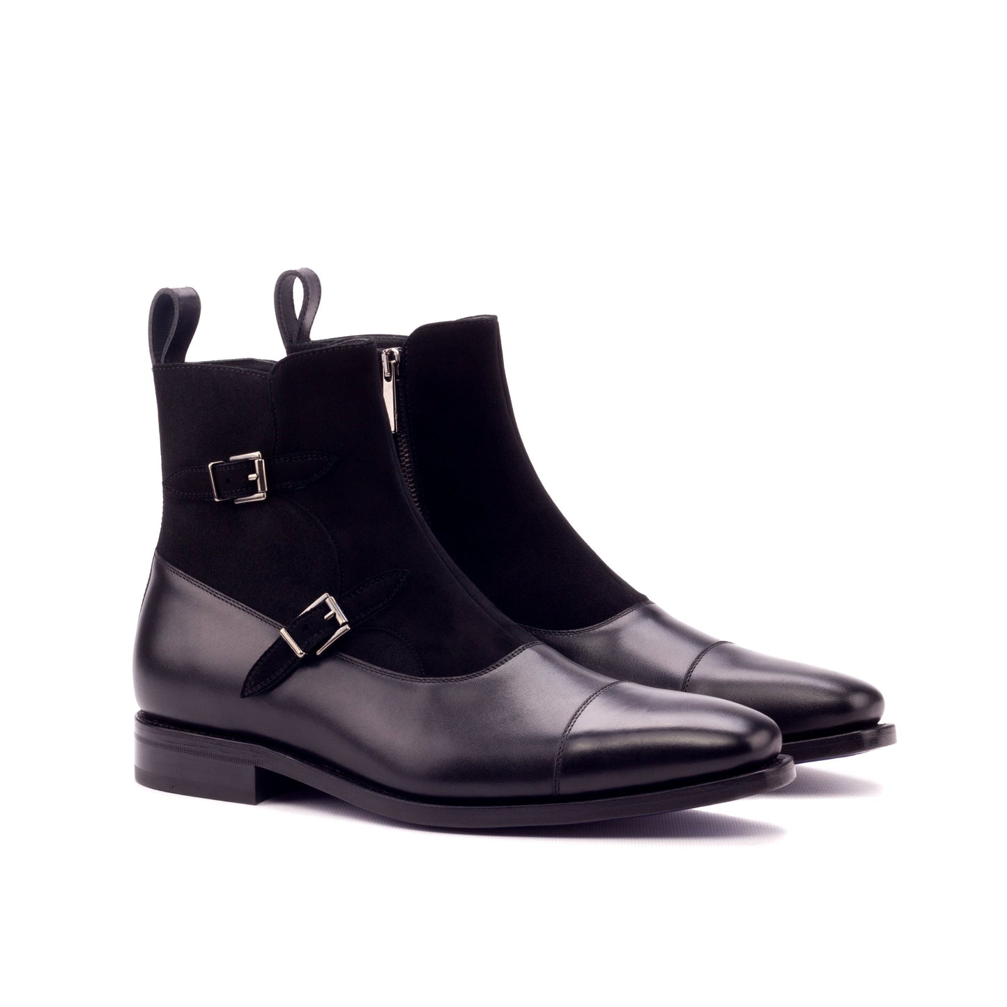 Double Buckle Boot in Black Kid Suede and Black Box Calf, front three-quarter view
