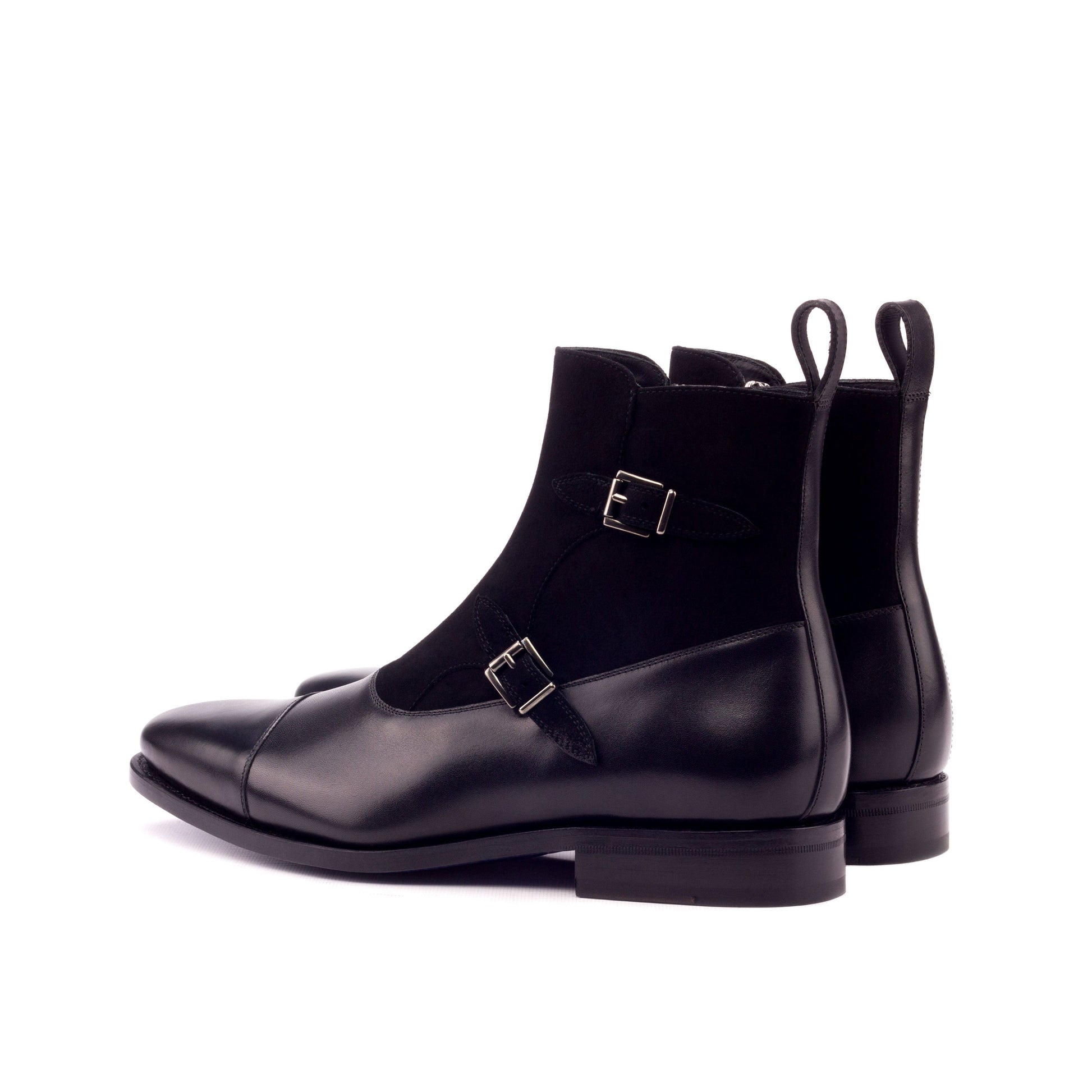 Double Buckle Boot in Black Kid Suede and Black Box Calf, rear three-quarter view