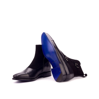 Double Buckle Boot in Black Kid Suede and Black Box Calf showing ultramar leather sole