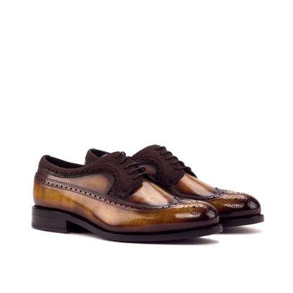 Long Wingtip Derby in Cognac Patina Box Calf and Brown Kid Suede, front three-quarter view