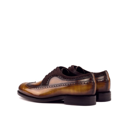 Long Wingtip Derby in Cognac Patina Box Calf and Brown Kid Suede, rear three-quarter view