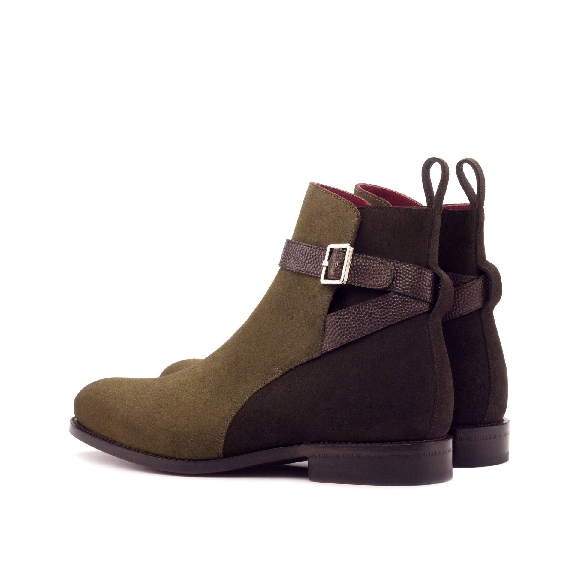 Jodhpur Boot in Dark Brown Lux Suede and Dark Brown Painted Pebble-Grain Box Calf, rear three-quarter view