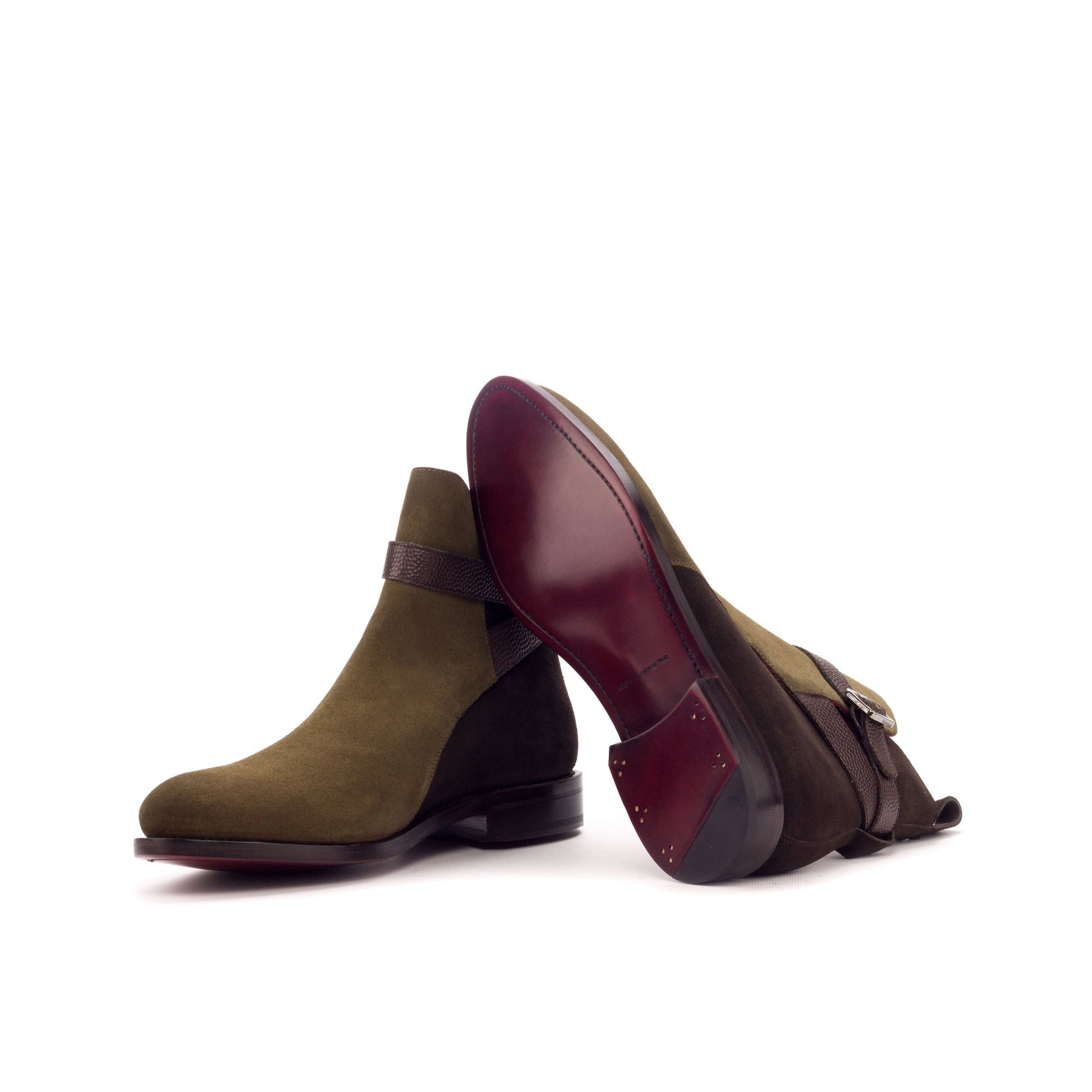 Jodhpur Boot in Dark Brown Lux Suede and Dark Brown Painted Pebble-Grain Box Calf showing dark red leather sole