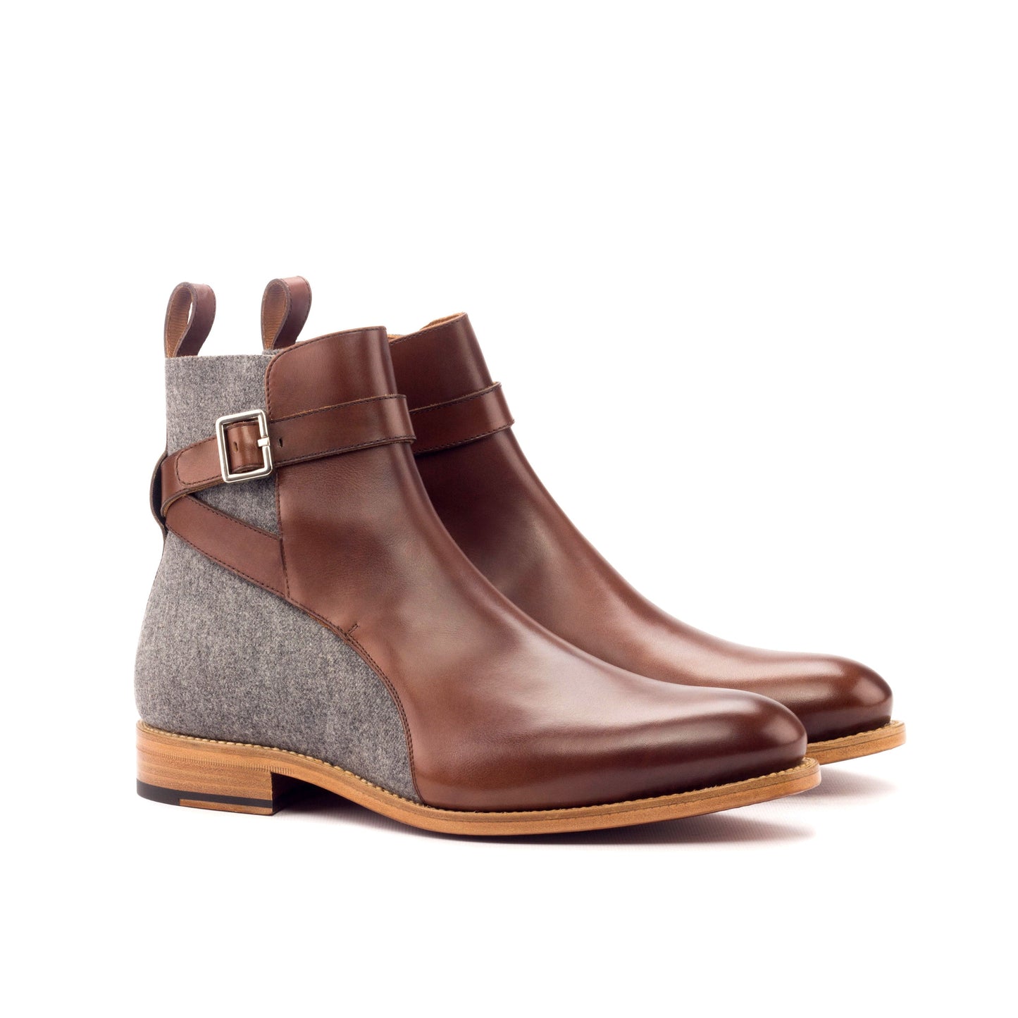 Jodhpur Boot in Light Grey Flannel and Cognac Box Calf, front three-quarter view