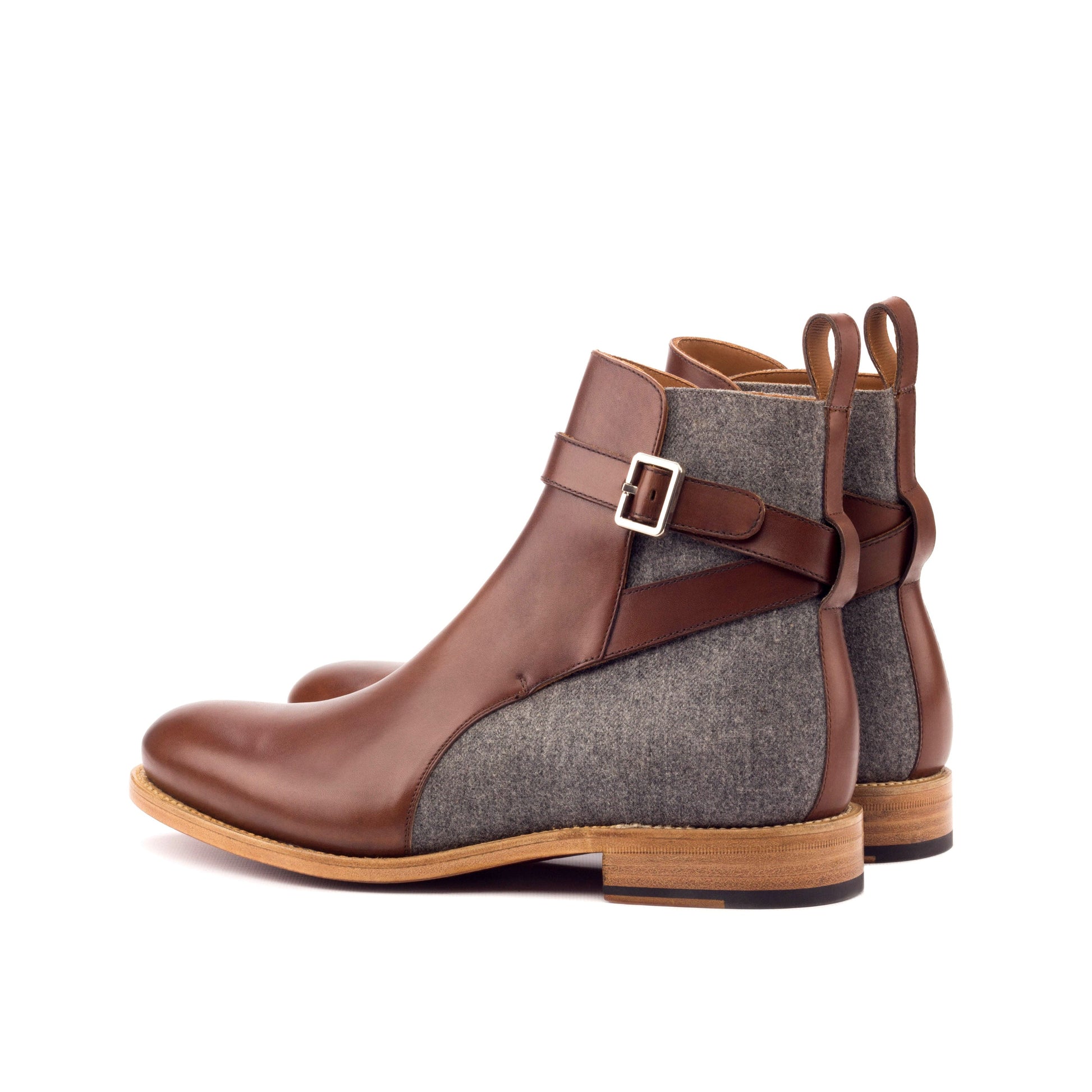 Jodhpur Boot in Light Grey Flannel and Cognac Box Calf, rear three-quarter view