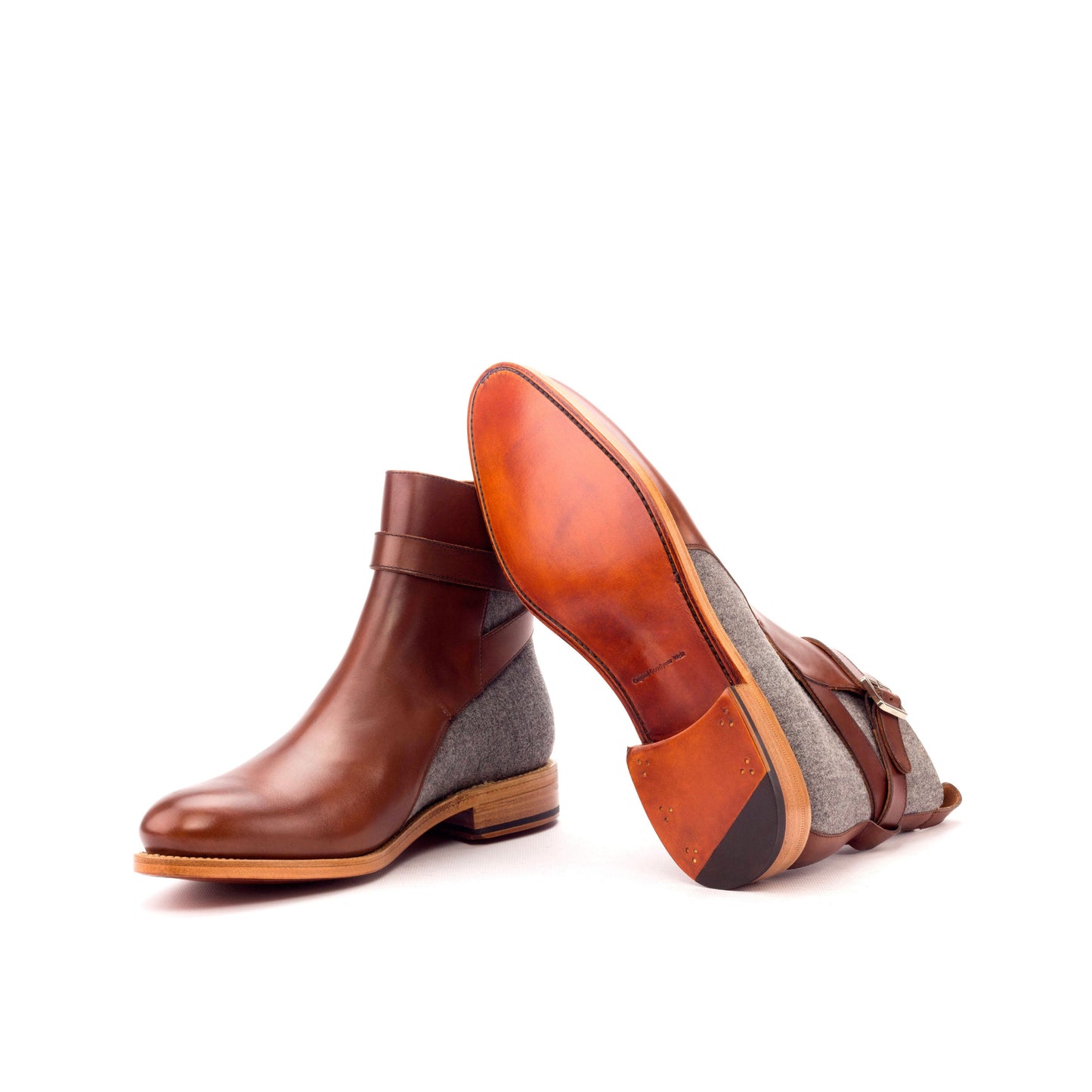 Jodhpur Boot in Light Grey Flannel and Cognac Box Calf showing cognac leather sole