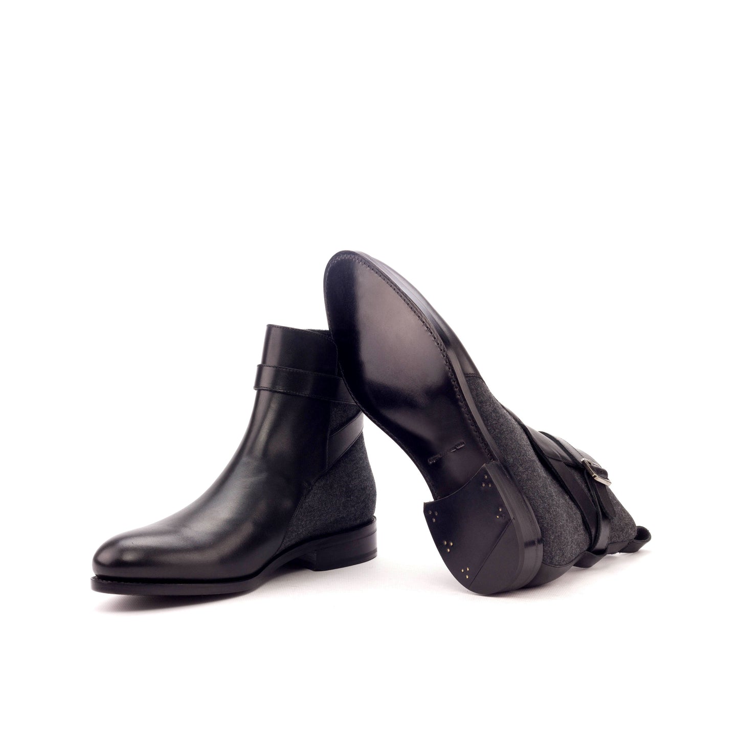 Jodhpur Boot in Dark Grey Flannel and Black Box Calf showing black leather sole