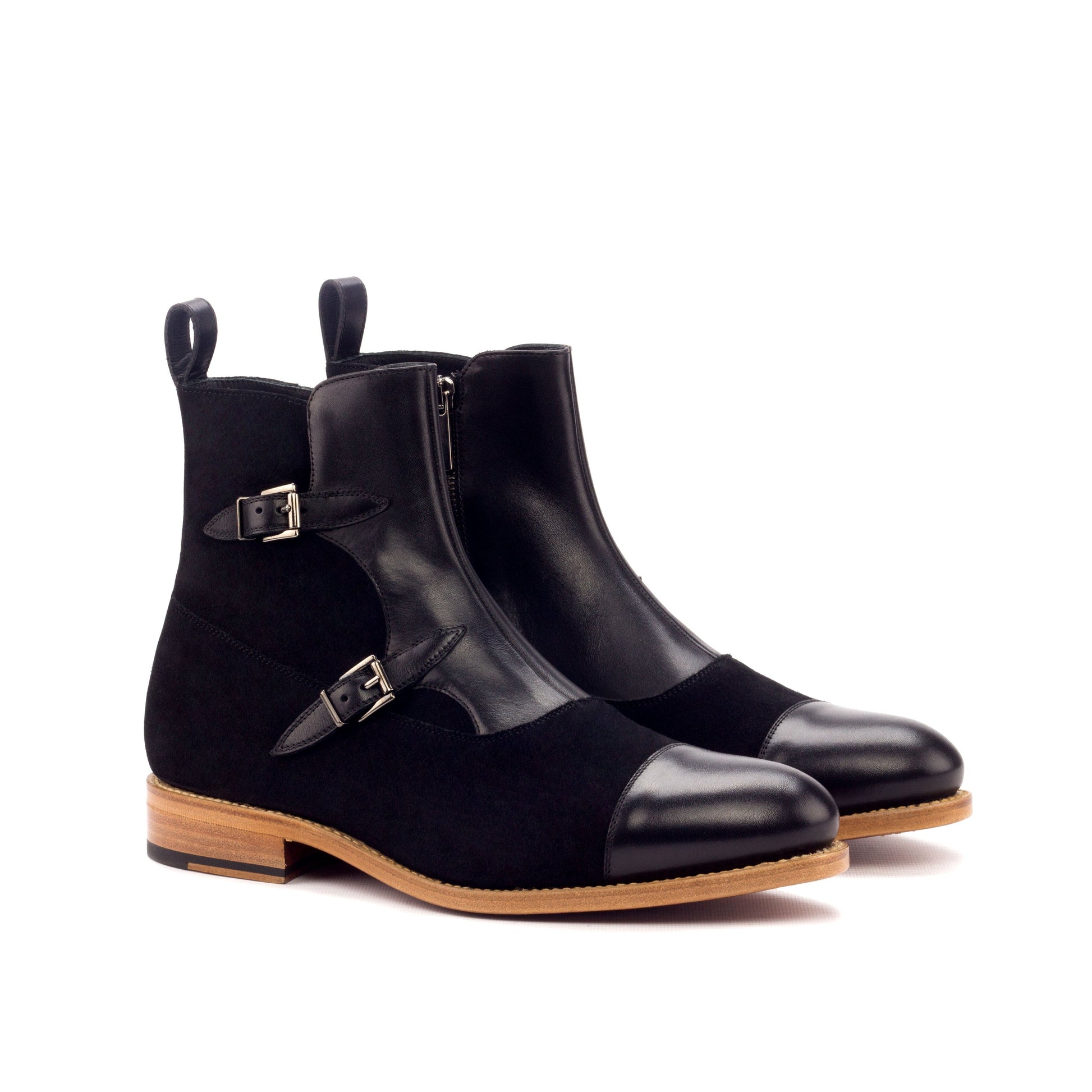 Double Buckle Boot in Black Lux Suede and Black Painted Box Calf, front three-quarter view