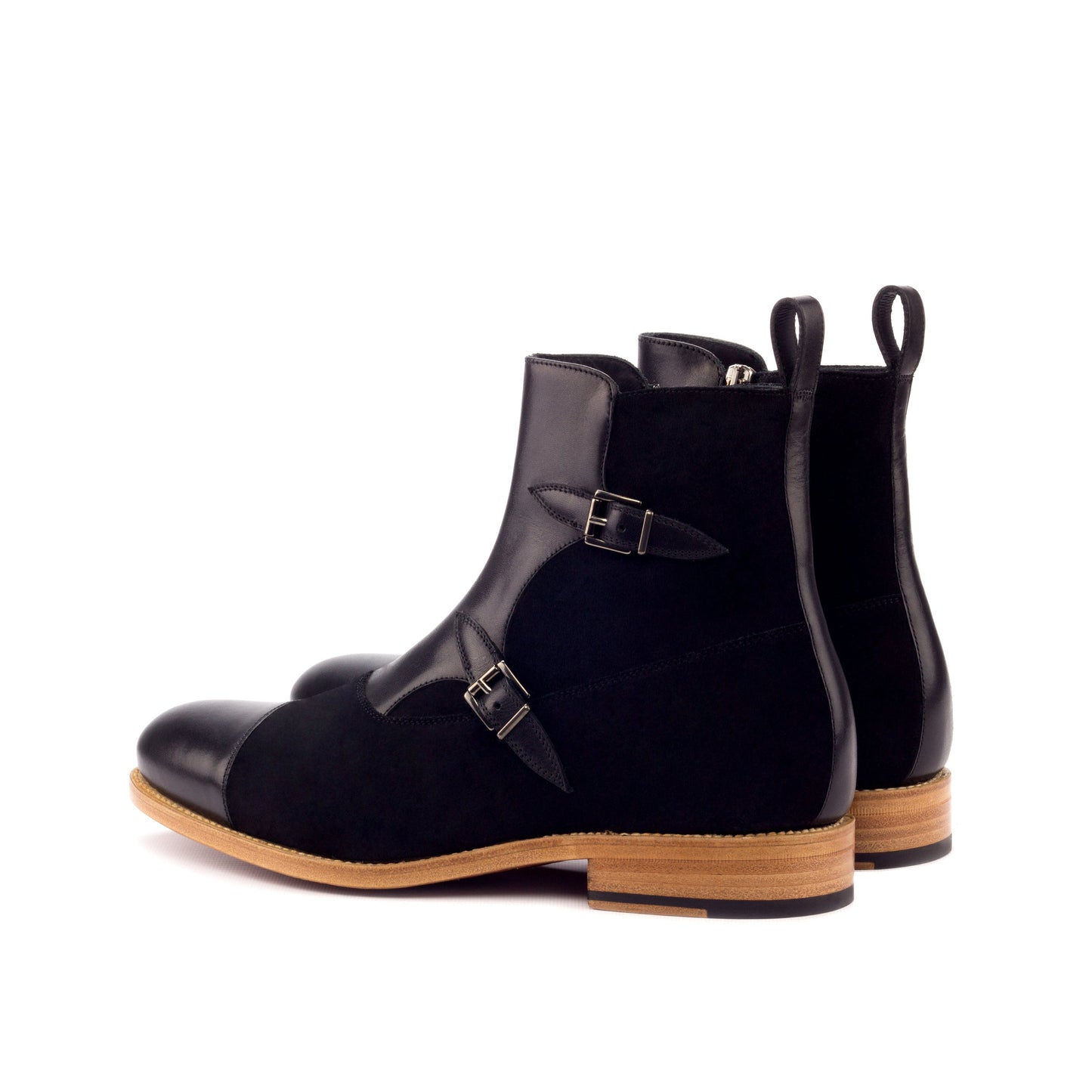 Double Buckle Boot in Black Lux Suede and Black Painted Box Calf, rear three-quarter view