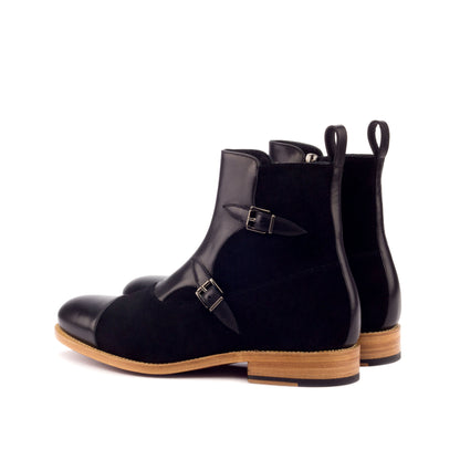 Double Buckle Boot in Black Lux Suede and Black Painted Box Calf, rear three-quarter view