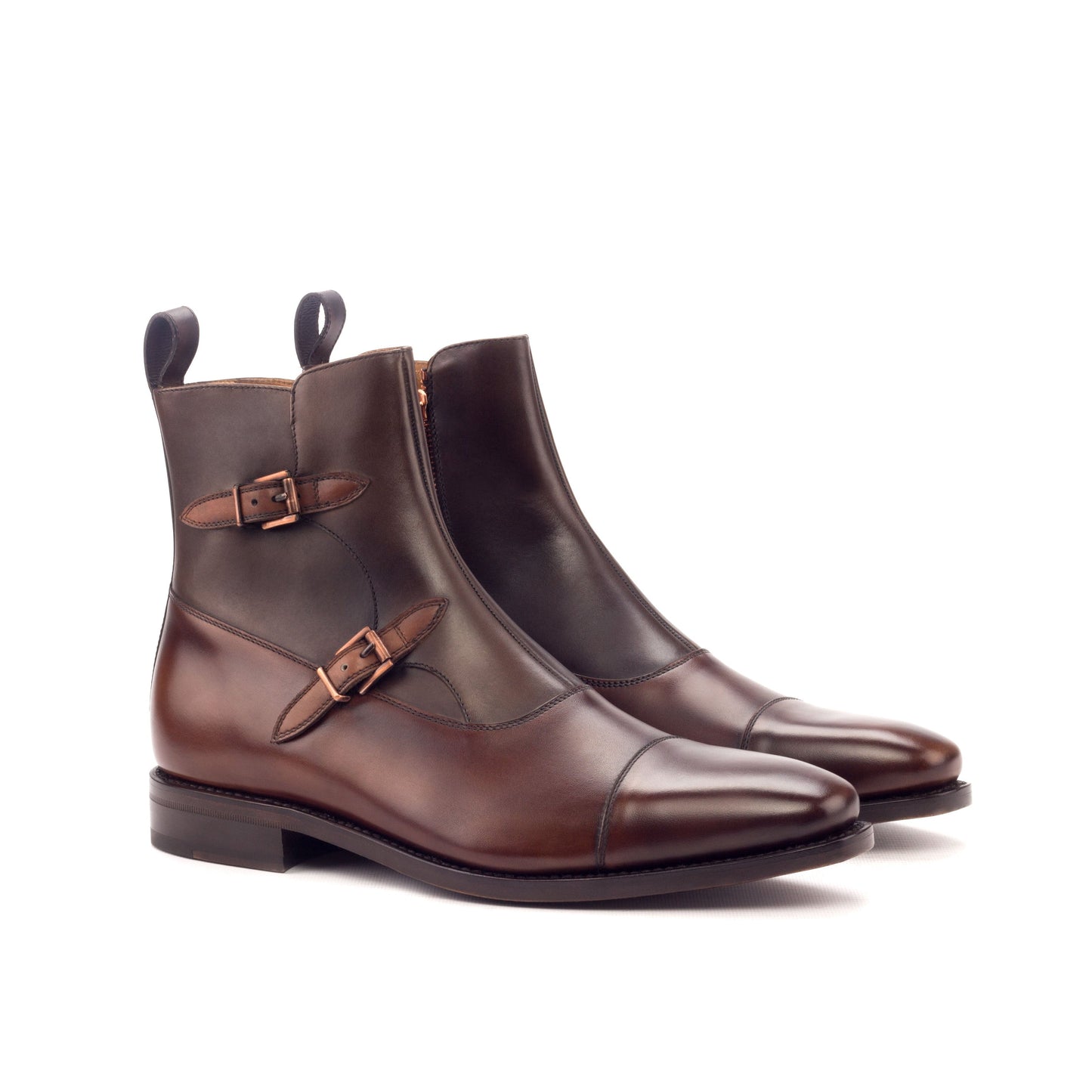 Double Buckle Boot in Dark Brown Painted Box Calf and Medium Brown Painted Box Calf, front three-quarter view