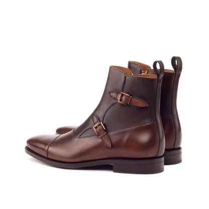 Double Buckle Boot in Dark Brown Painted Box Calf and Medium Brown Painted Box Calf, rear three-quarter view