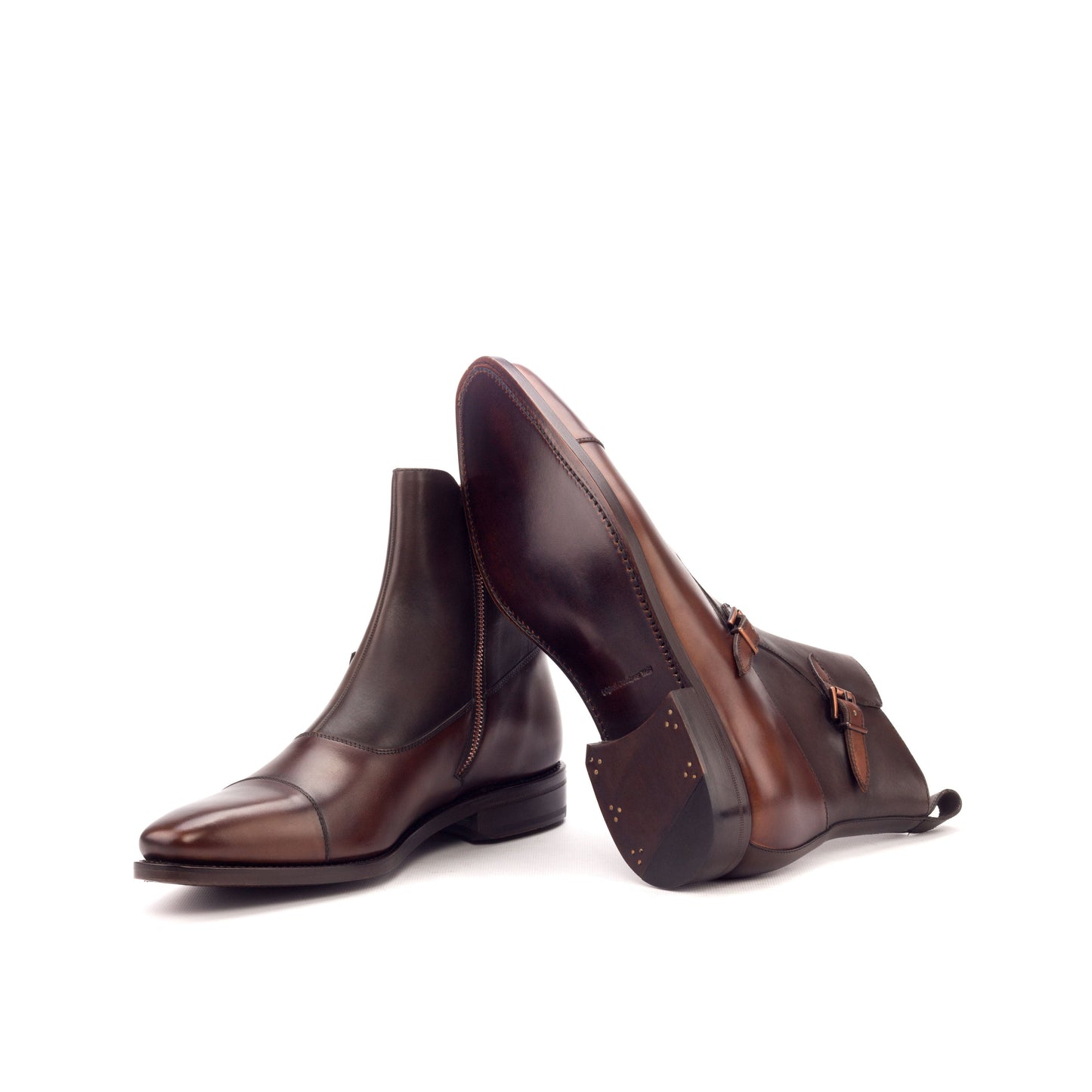 Double Buckle Boot in Dark Brown Painted Box Calf and Medium Brown Painted Box Calf showing brown leather sole