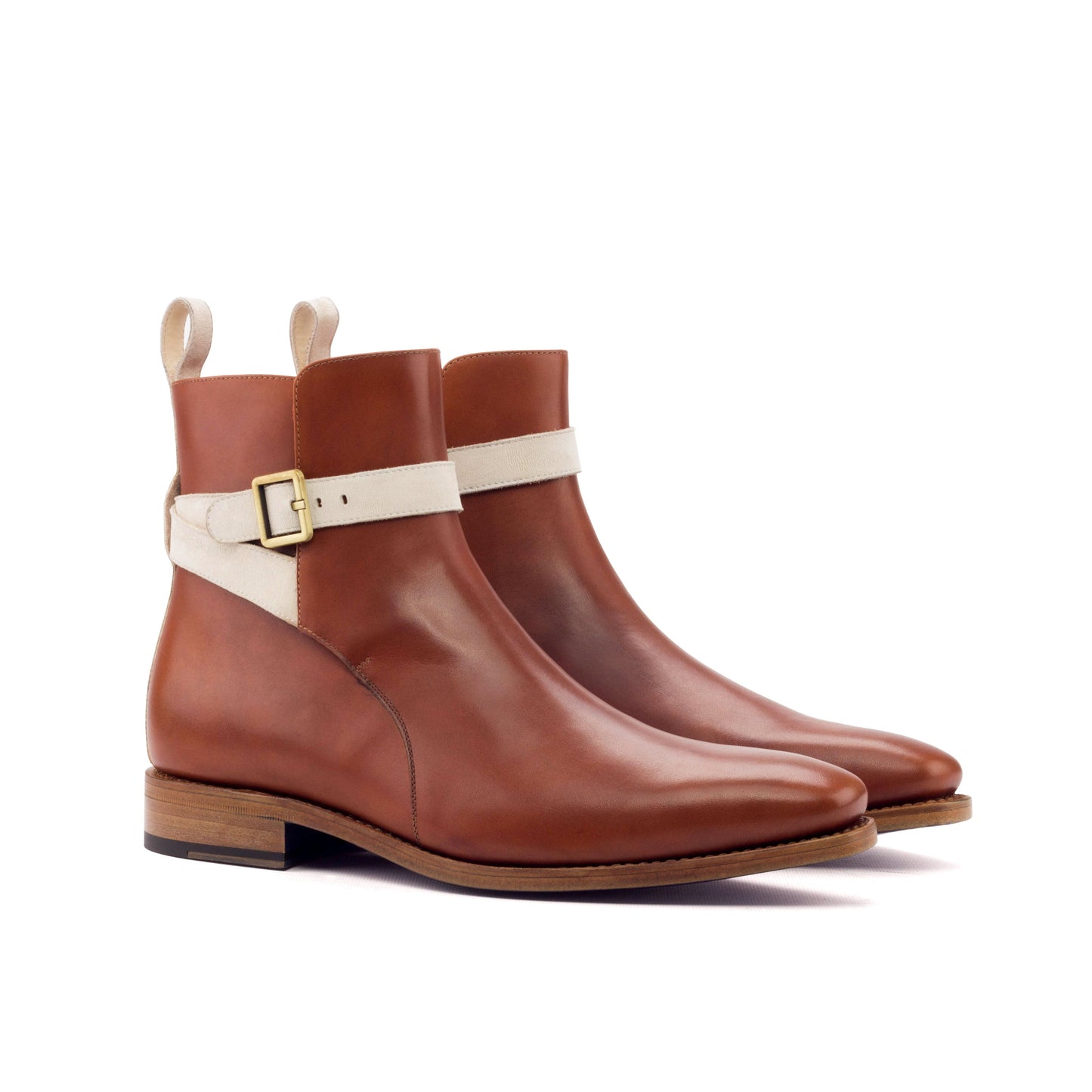 Jodhpur Boot in Cognac Box Calf and Ivory Kid Suede, front three-quarter view