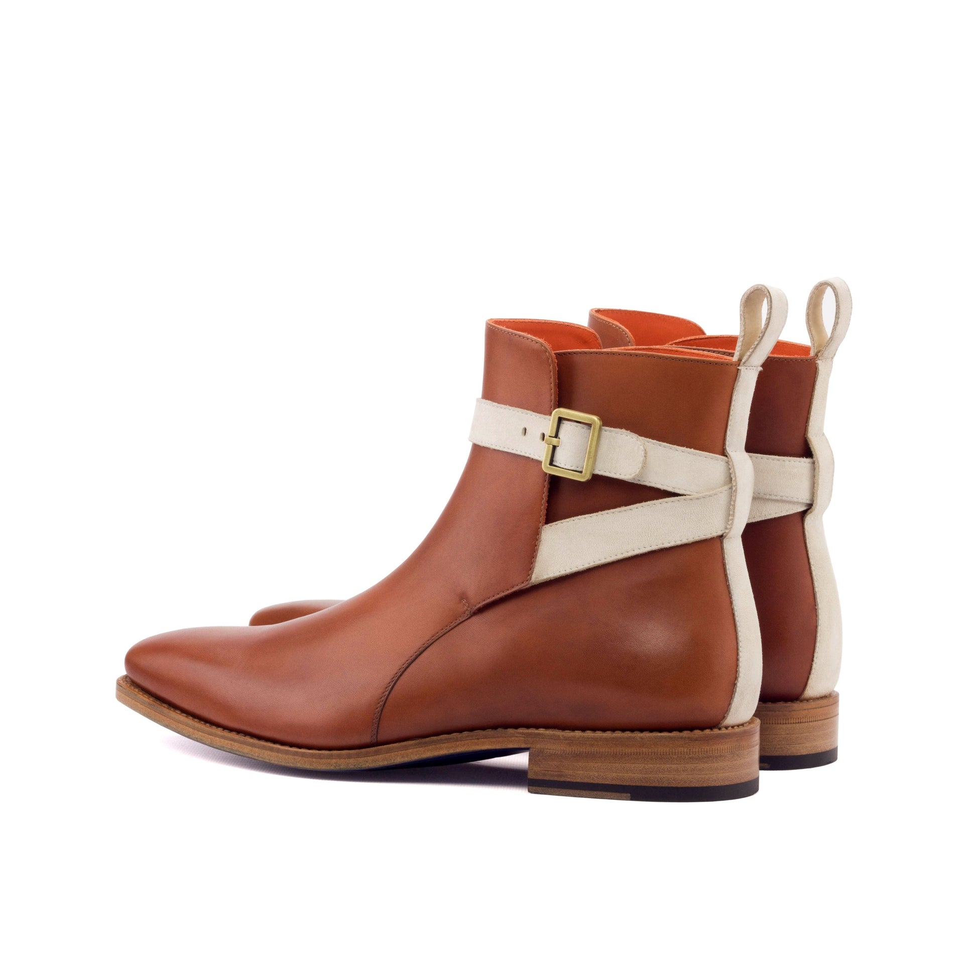 Jodhpur Boot in Cognac Box Calf and Ivory Kid Suede, rear three-quarter view