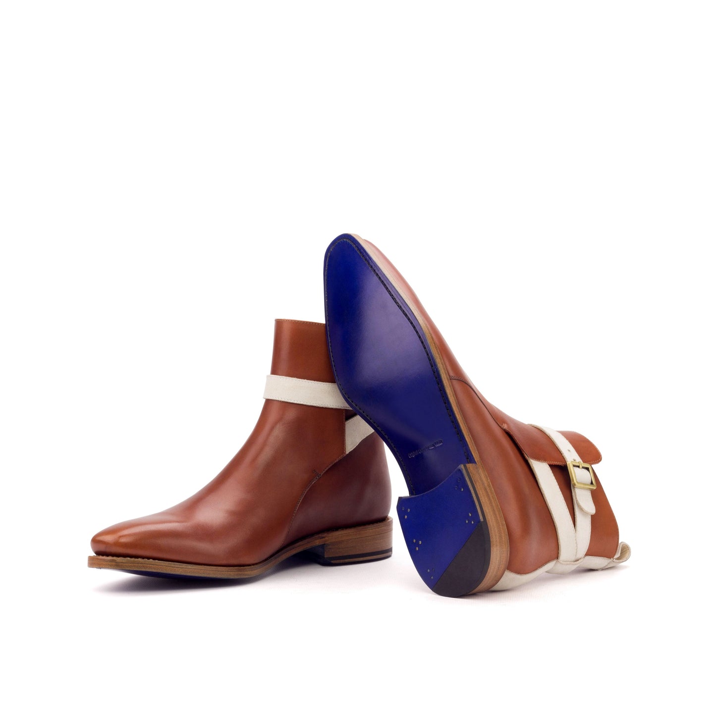 Jodhpur Boot in Cognac Box Calf and Ivory Kid Suede showing ultramar leather sole