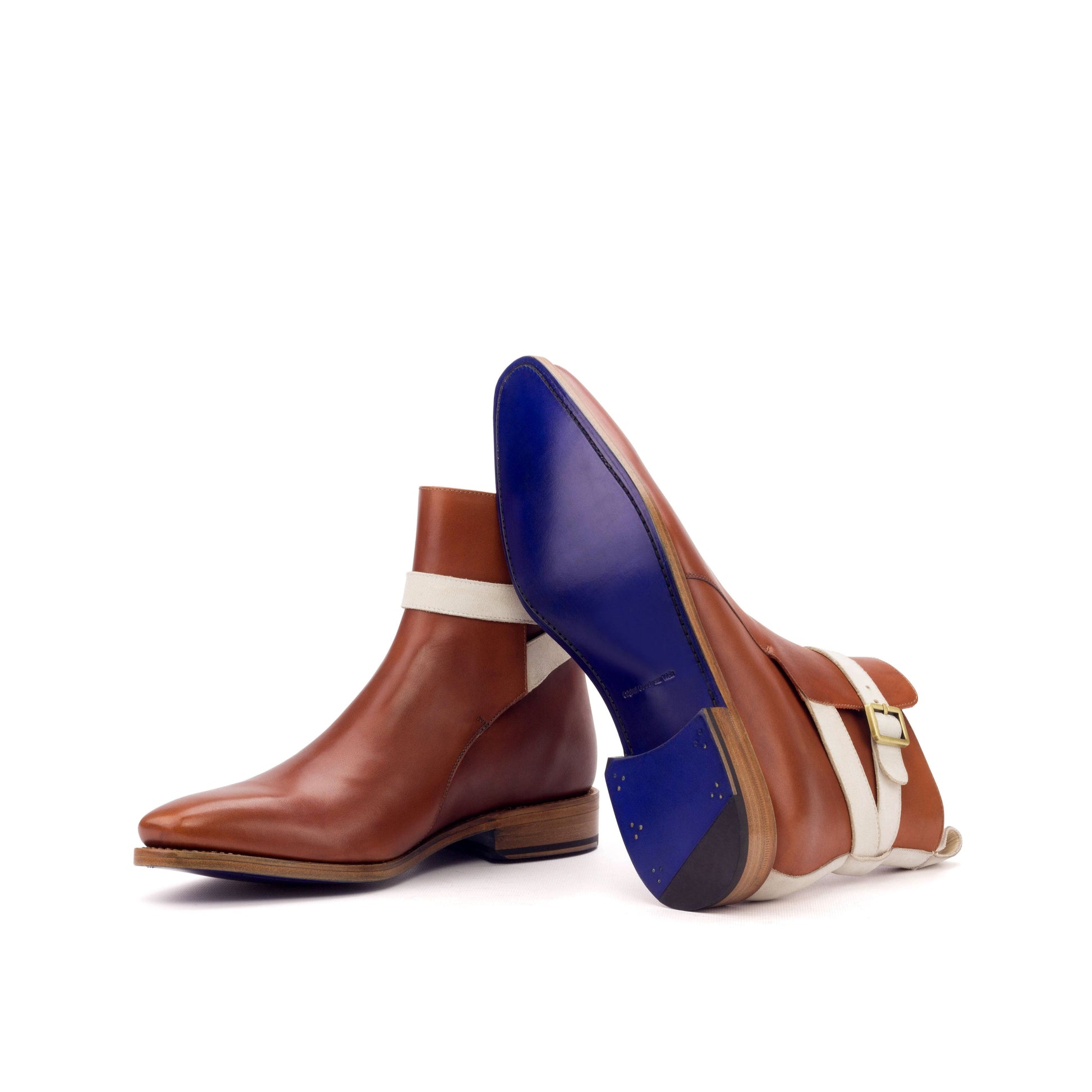 Jodhpur Boot in Cognac Box Calf and Ivory Kid Suede showing ultramar leather sole