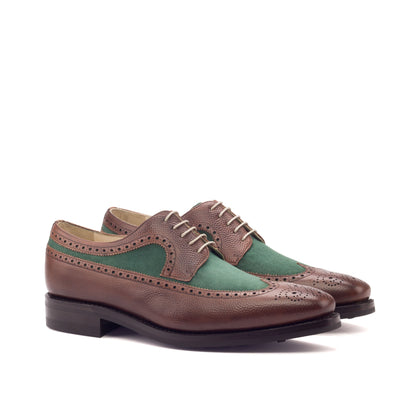 Long Wingtip Derby in Medium Brown Painted Pebble-Grain Box Calf and Forest Green Kid Suede, front three-quarter view