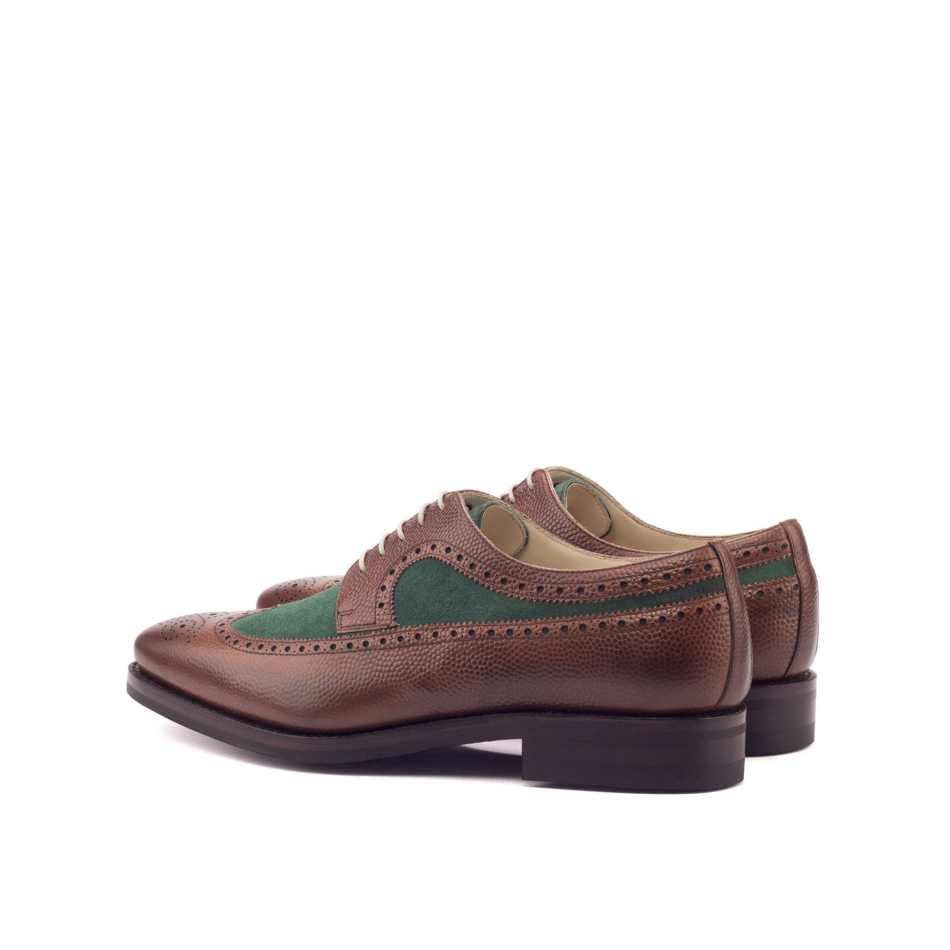 Long Wingtip Derby in Medium Brown Painted Pebble-Grain Box Calf and Forest Green Kid Suede, rear three-quarter view