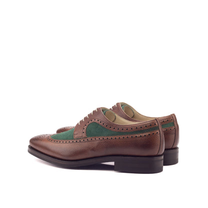 Long Wingtip Derby in Medium Brown Painted Pebble-Grain Box Calf and Forest Green Kid Suede, rear three-quarter view