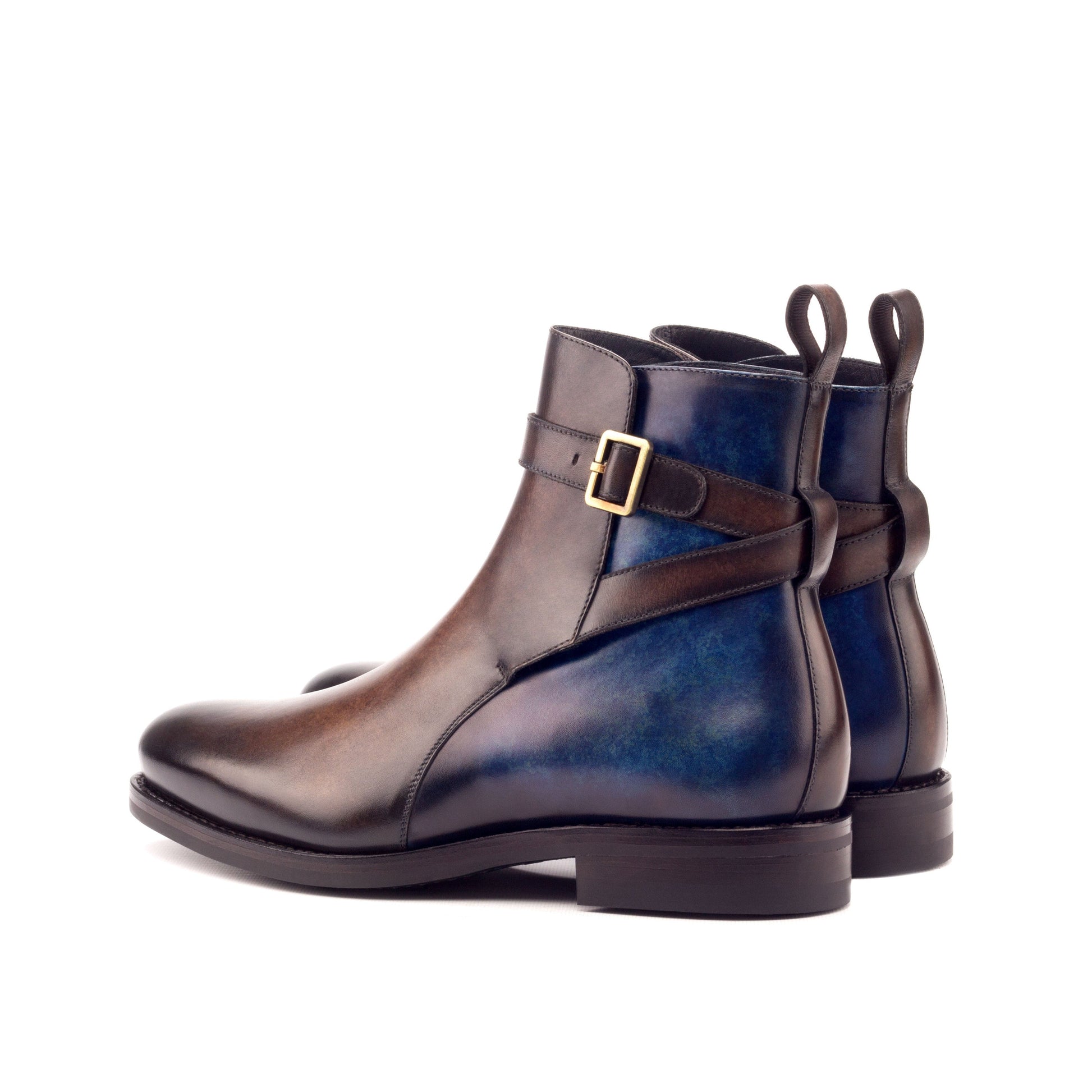 Jodhpur Boot in Denim Marble Patina Box Calf and Brown Marble Patina Box Calf, rear three-quarter view