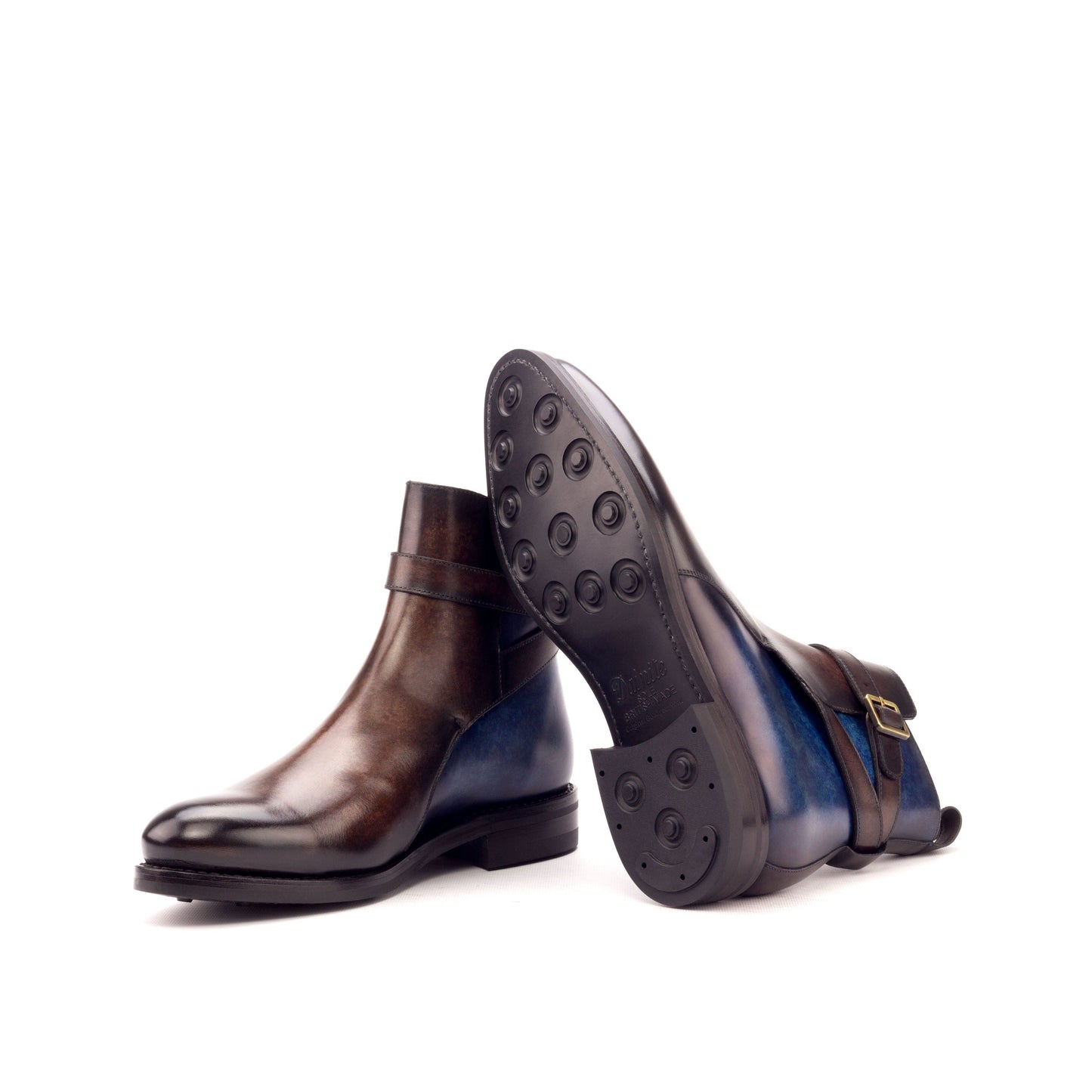 Jodhpur Boot in Denim Marble Patina Box Calf and Brown Marble Patina Box Calf showing black dainite rubber sole