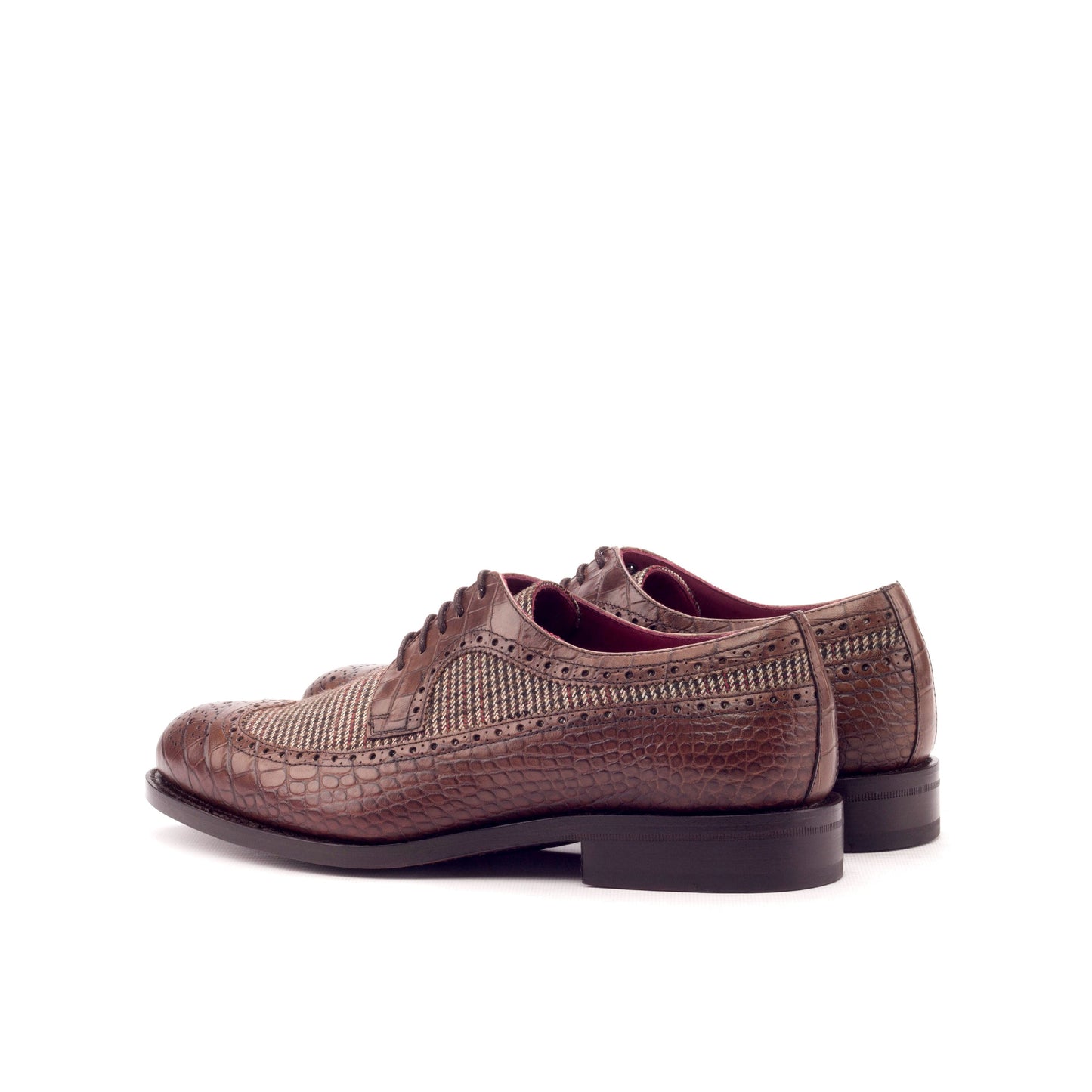 Long Wingtip Derby in Dark Brown Painted Croco-Embossed Box Calf and Brown Small-Scale Wool Tweed, rear three-quarter view