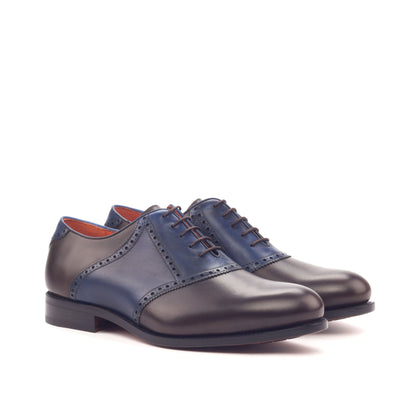 Saddle Shoe in Dark Brown Painted Box Calf and Navy Painted Box Calf, front three-quarter view