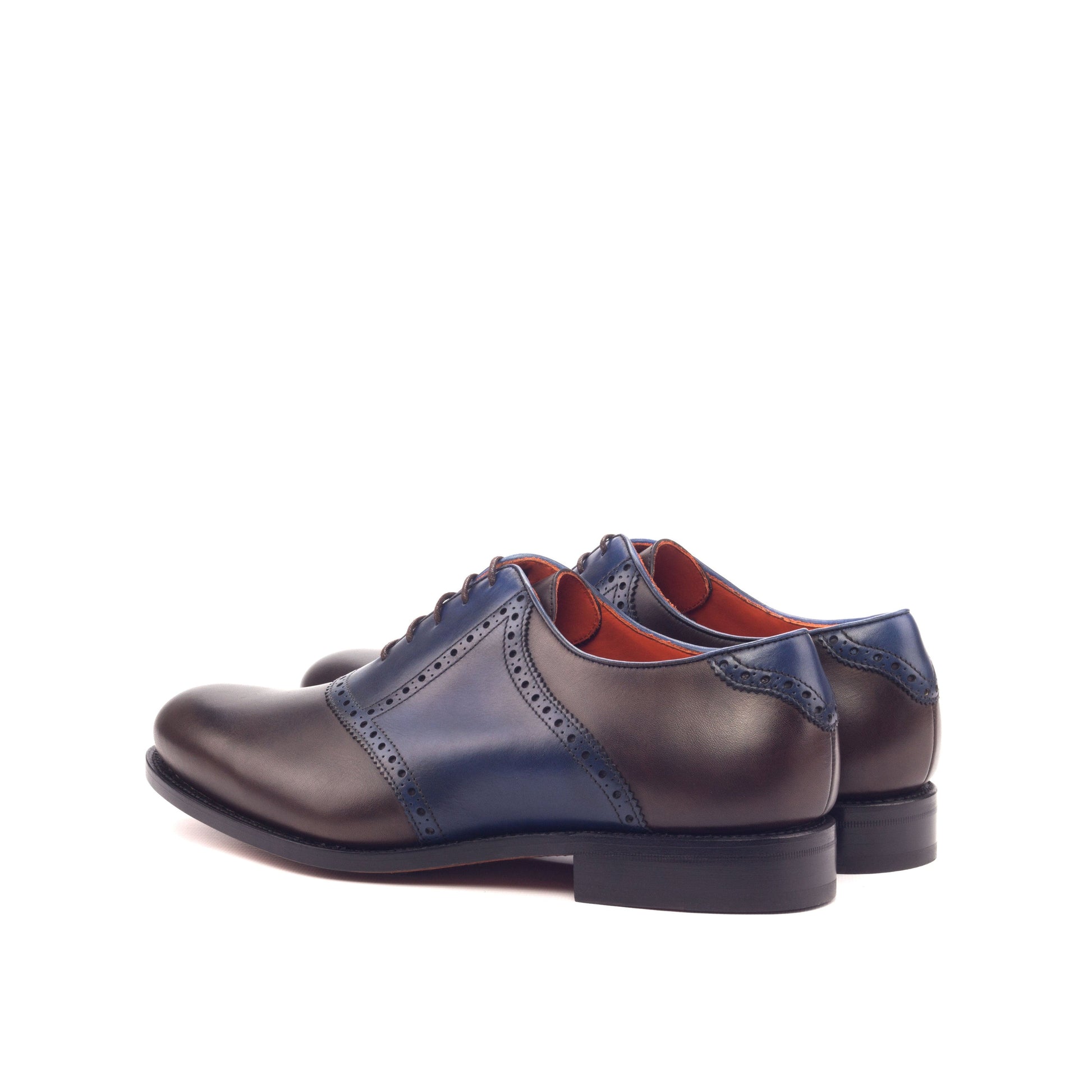Saddle Shoe in Dark Brown Painted Box Calf and Navy Painted Box Calf, rear three-quarter view