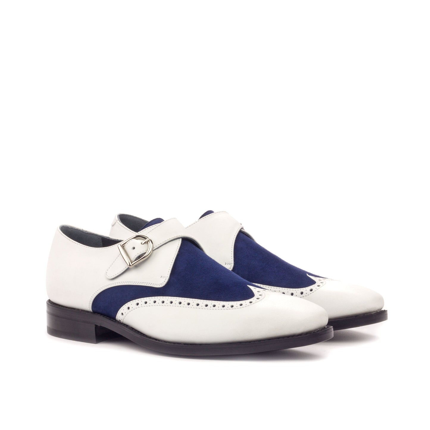 Single Monk Strap in Navy Painted Box Calf and Black Herringbone Fabric, front three-quarter view