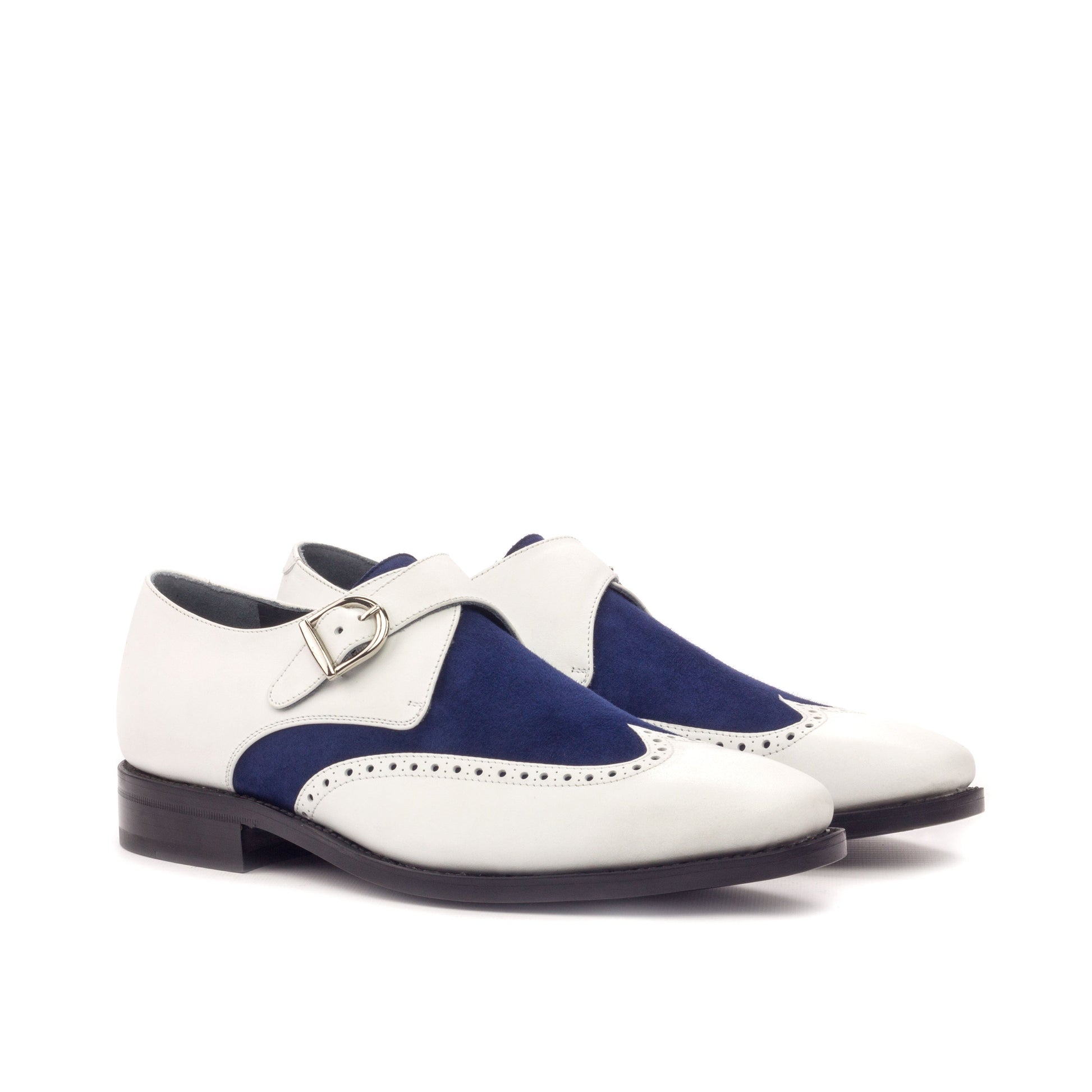 Single Monk Strap in Navy Painted Box Calf and Black Herringbone Fabric, front three-quarter view