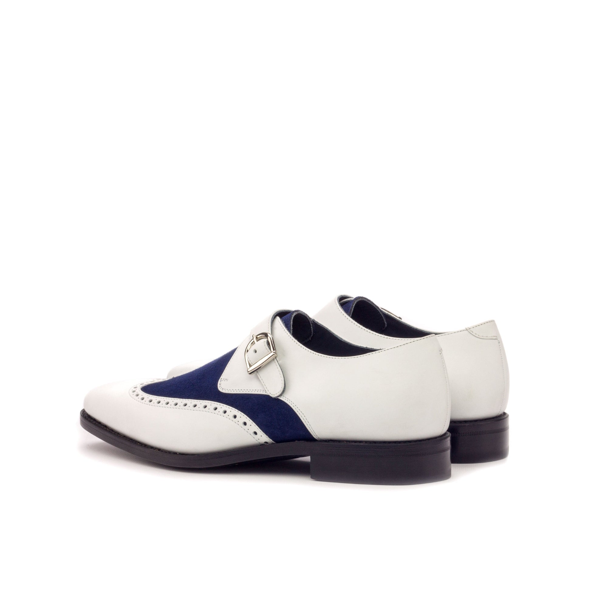 Single Monk Strap in Navy Painted Box Calf and Black Herringbone Fabric, rear three-quarter view