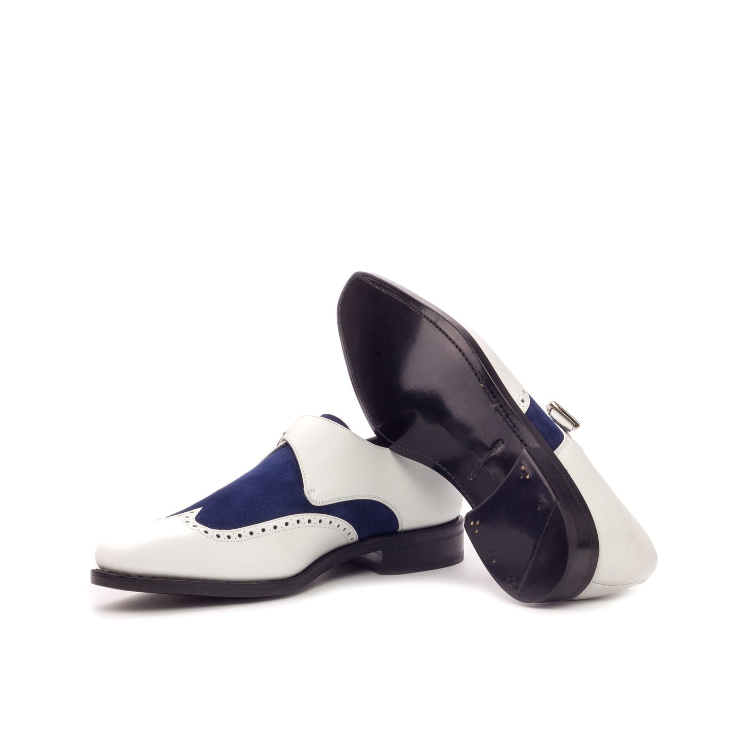 Single Monk Strap in Navy Painted Box Calf and Black Herringbone Fabric showing black leather sole