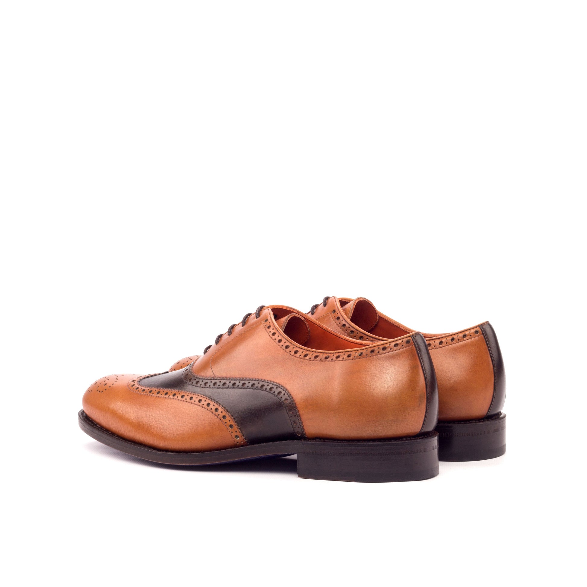 Wingtip Oxford in Cognac Painted Box Calf and Dark Brown Painted Box Calf, rear three-quarter view