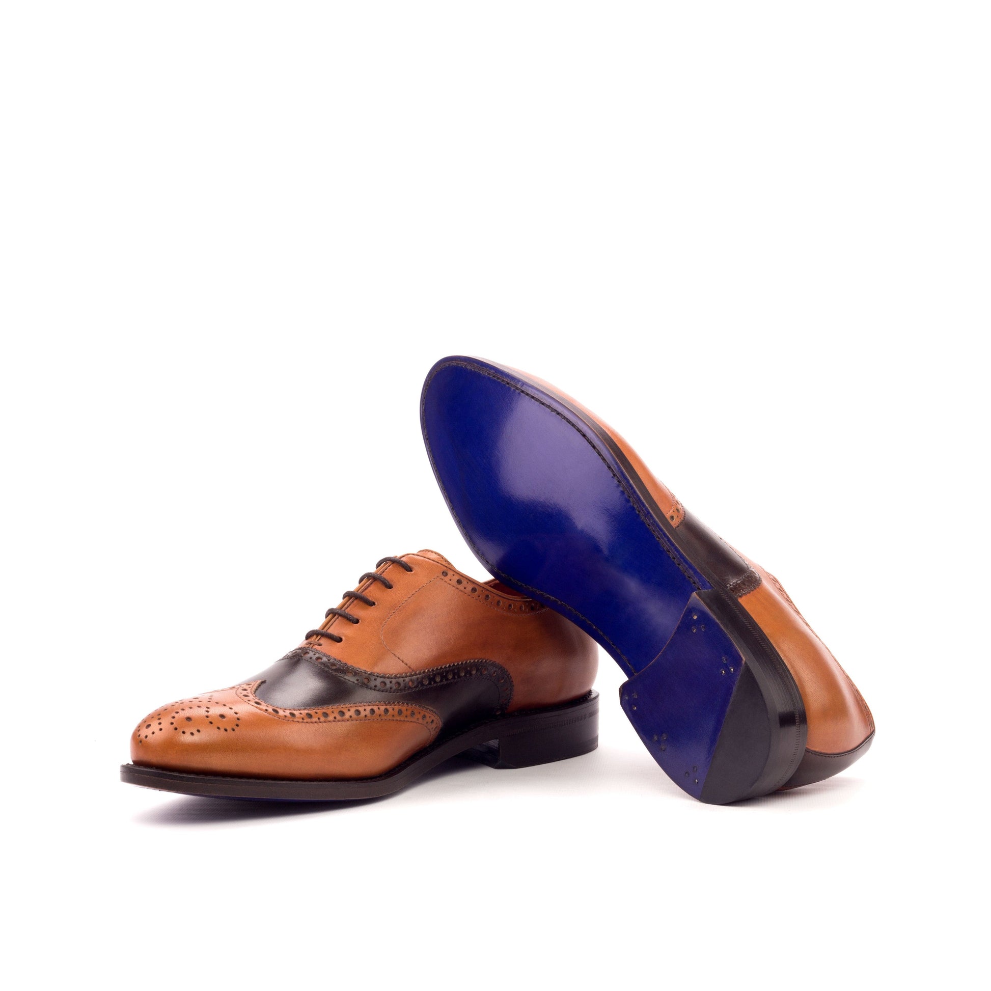 Wingtip Oxford in Cognac Painted Box Calf and Dark Brown Painted Box Calf showing ultramar leather sole