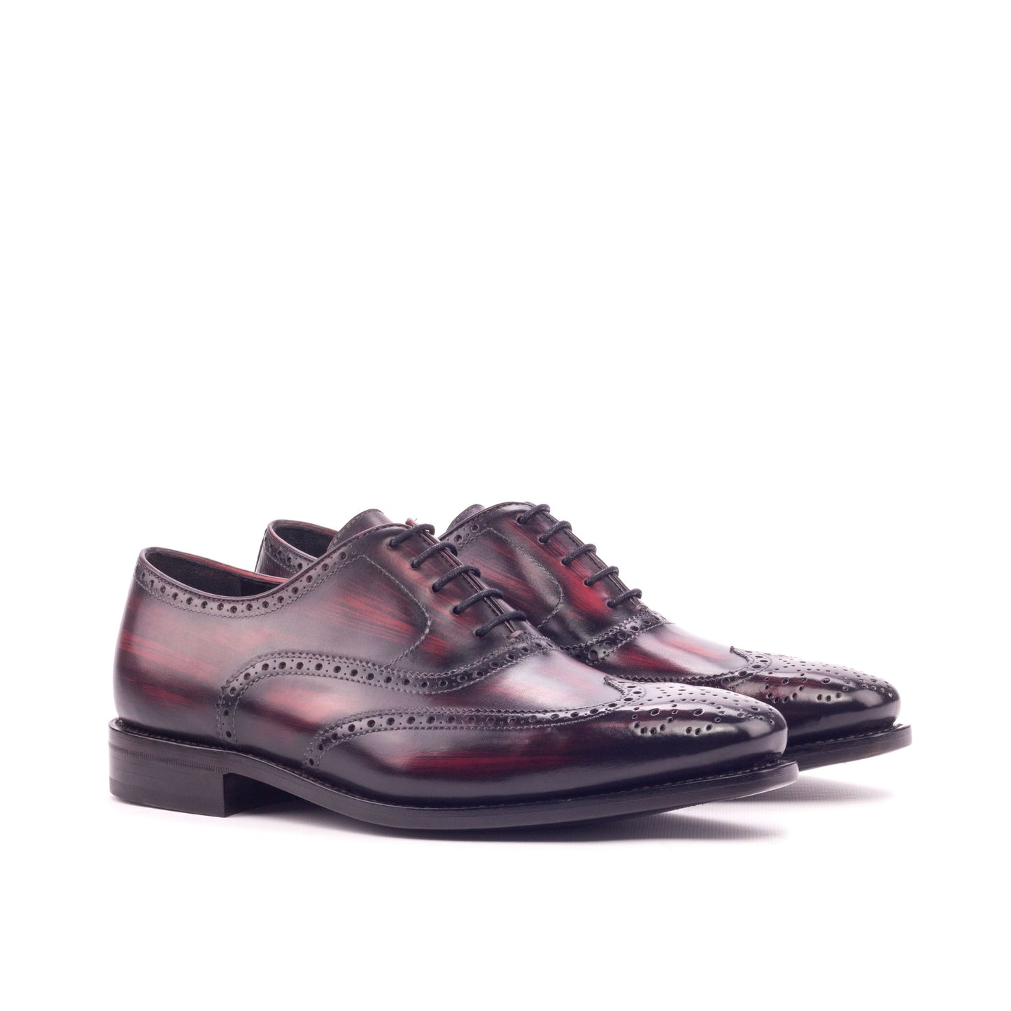 Wingtip Oxford in Burgundy Patina Box Calf and Burgundy Marble Patina Box Calf, front three-quarter view