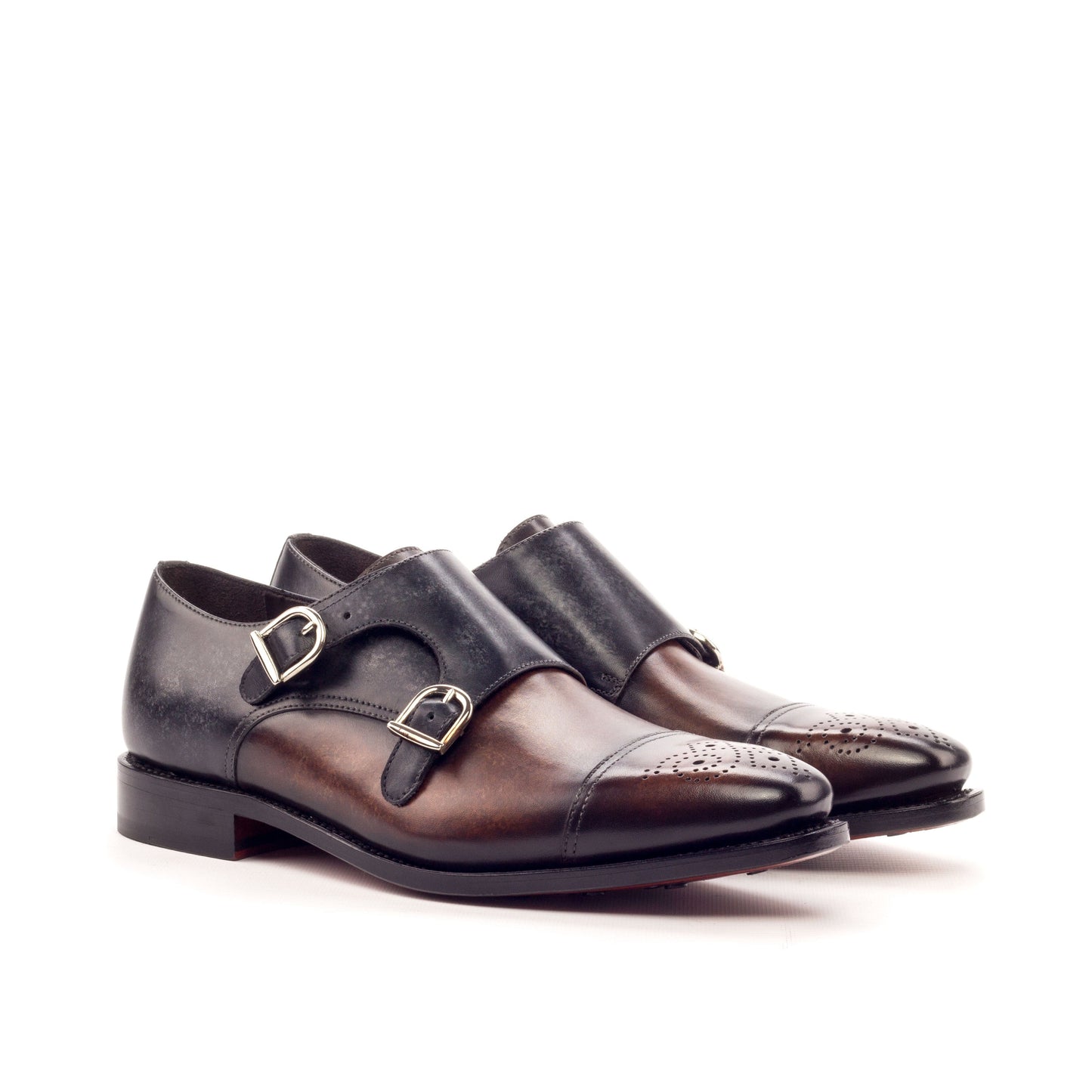 Double Monk Strap in Brown Marble Patina Box Calf and Grey Marble Patina Box Calf, front three-quarter view