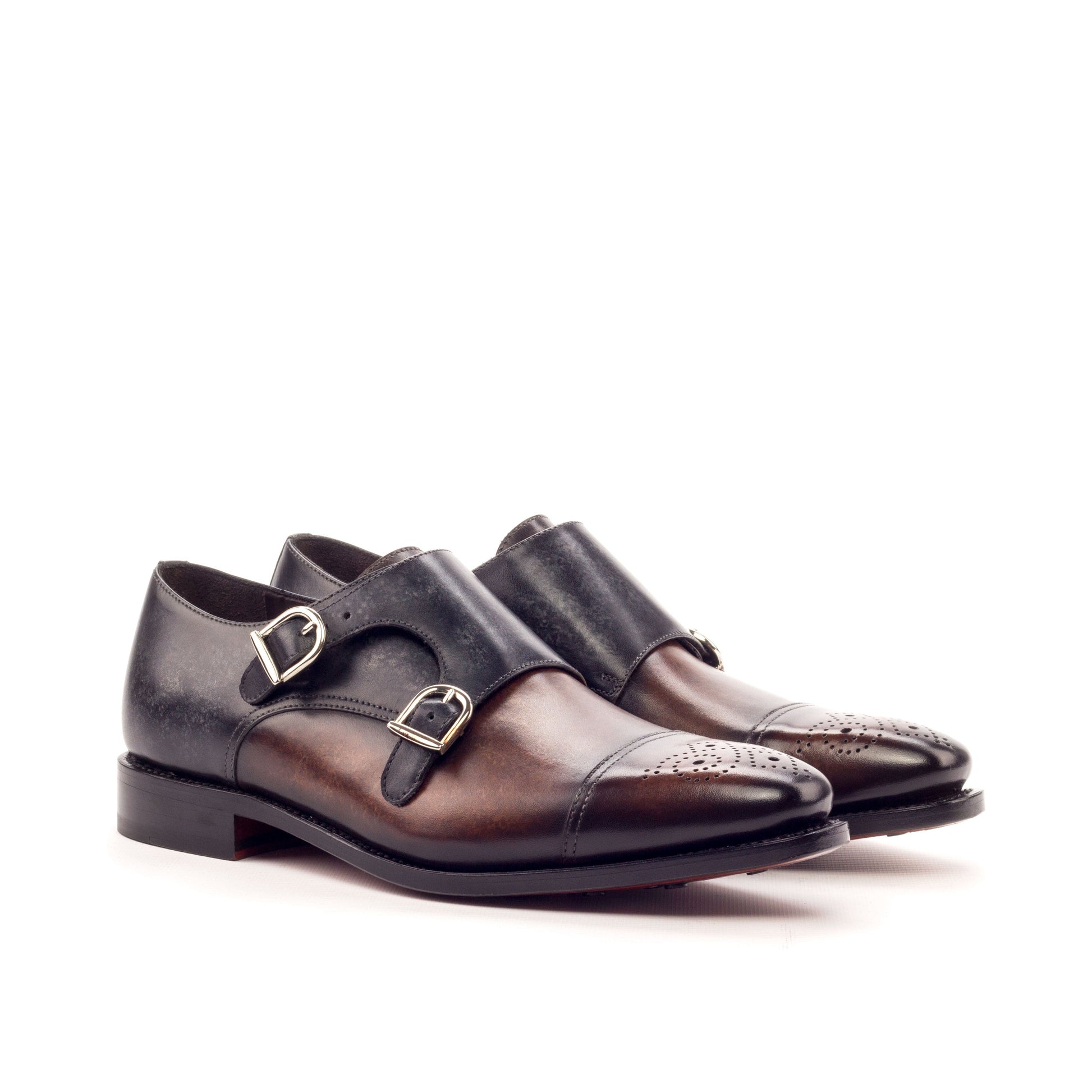 Double Monk Strap in Brown Marble Patina Box Calf and Grey Marble Patina Box Calf, front three-quarter view