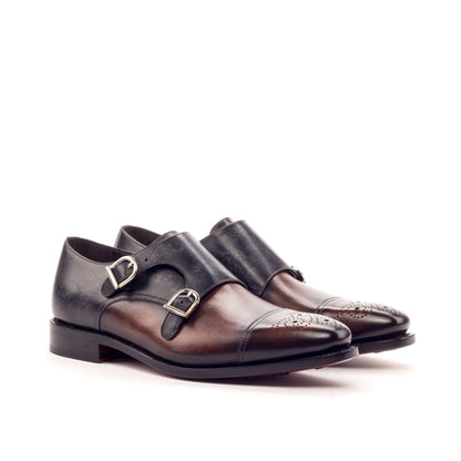 Double Monk Strap in Brown Marble Patina Box Calf and Grey Marble Patina Box Calf, front three-quarter view