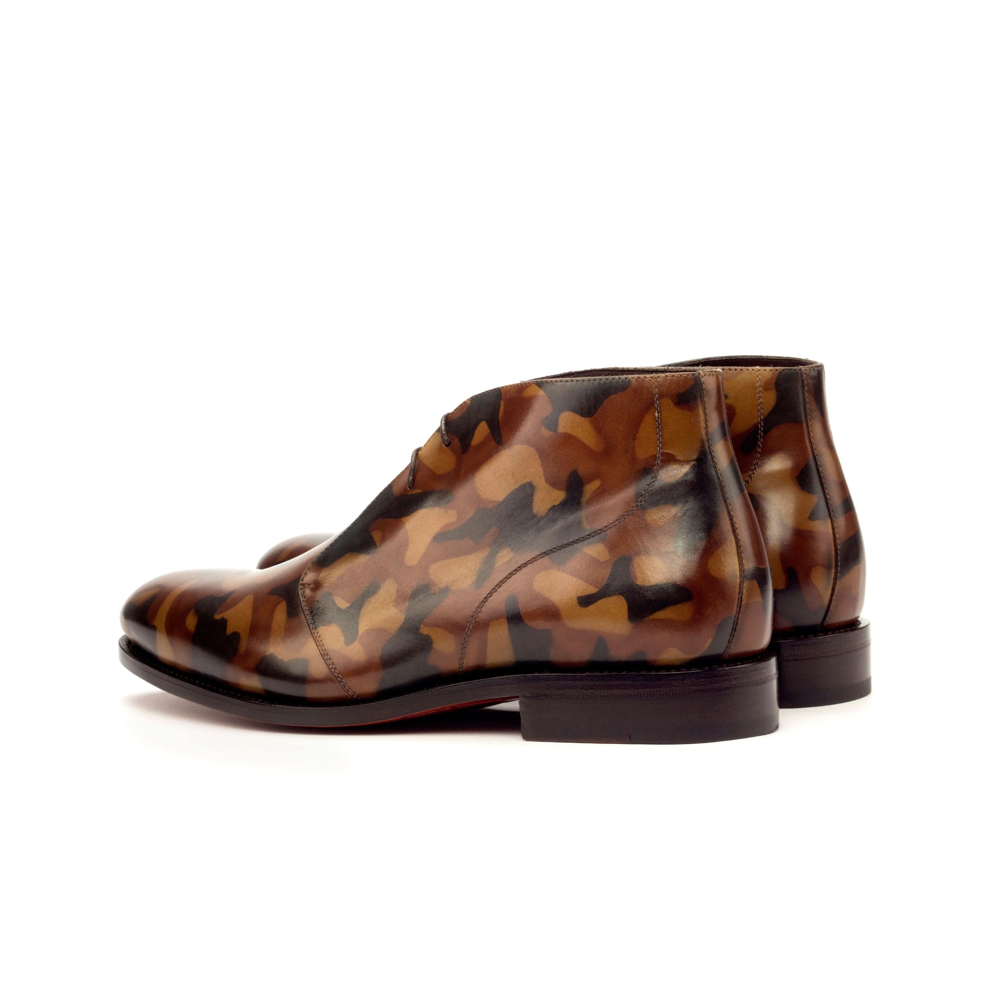 Chukka Boot in Brown Camo Patina Box Calf, rear three-quarter view