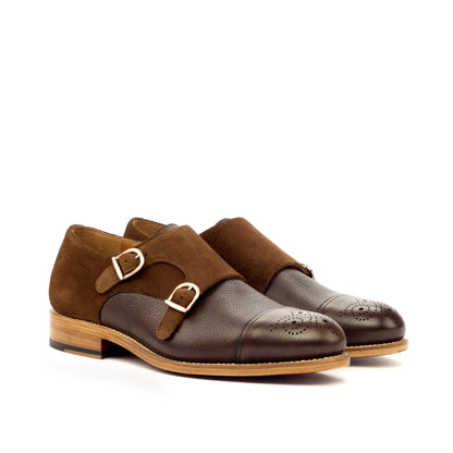 Double Monk Strap in Dark Brown Painted Full-Grain Box Calf and Medium Brown Lux Suede, front three-quarter view