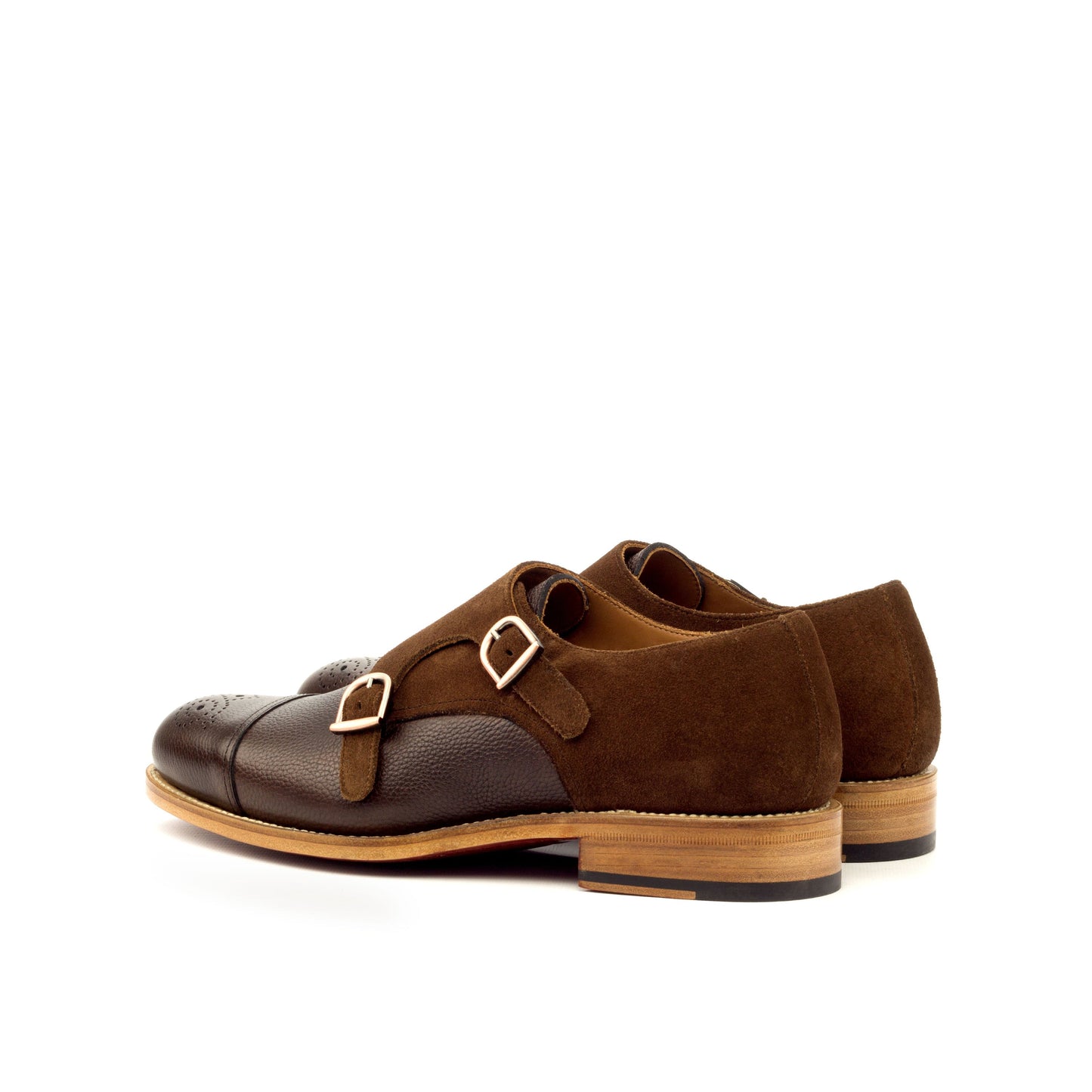 Double Monk Strap in Dark Brown Painted Full-Grain Box Calf and Medium Brown Lux Suede, rear three-quarter view