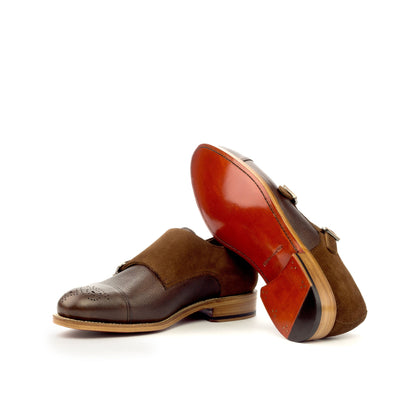 Double Monk Strap in Dark Brown Painted Full-Grain Box Calf and Medium Brown Lux Suede showing cognac leather sole