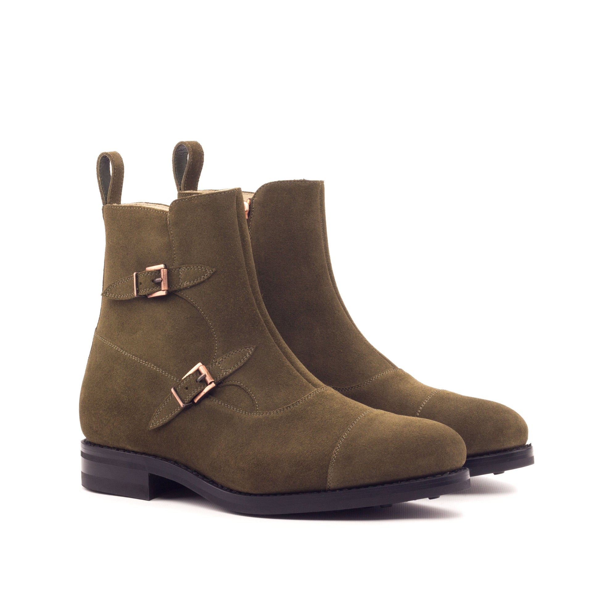 Double Buckle Boot in Khaki Lux Suede, front three-quarter view