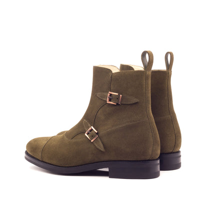 Double Buckle Boot in Khaki Lux Suede, rear three-quarter view