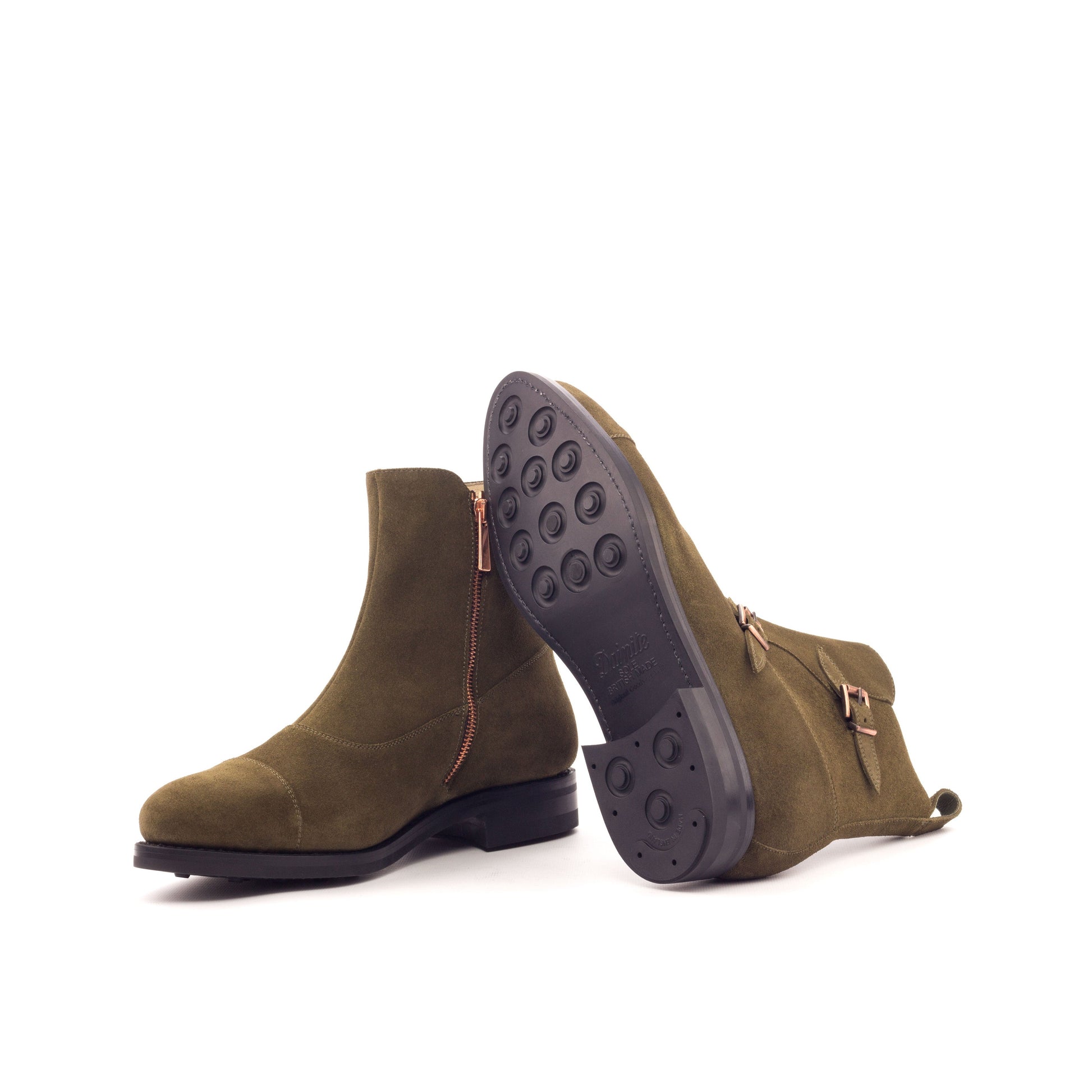 Double Buckle Boot in Khaki Lux Suede showing black dainite rubber sole