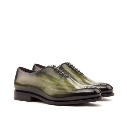 Wholecut Oxford in Khaki Patina Box Calf and Burgundy Patina Box Calf, front three-quarter view