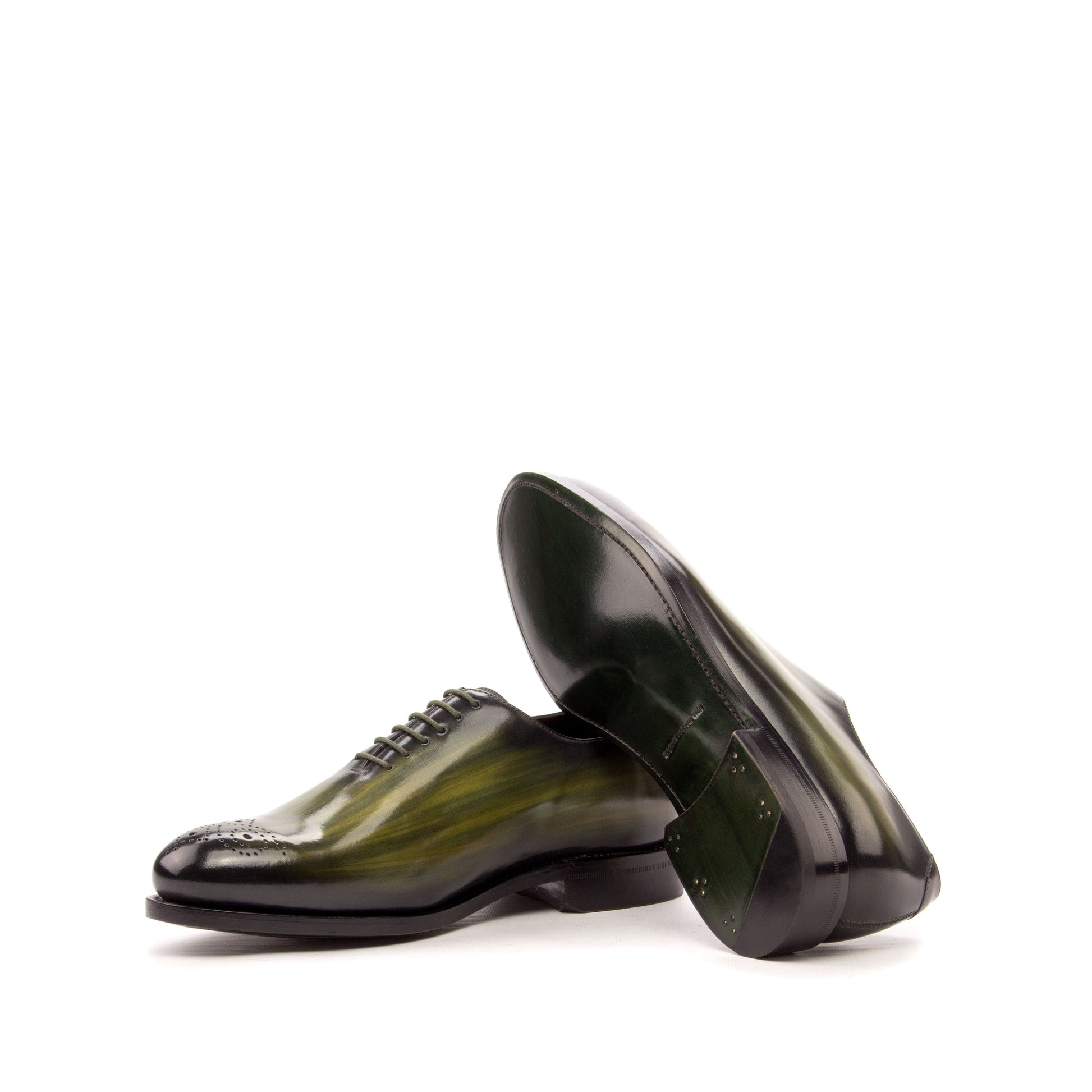 Wholecut Oxford in Khaki Patina Box Calf and Burgundy Patina Box Calf, rear three-quarter view